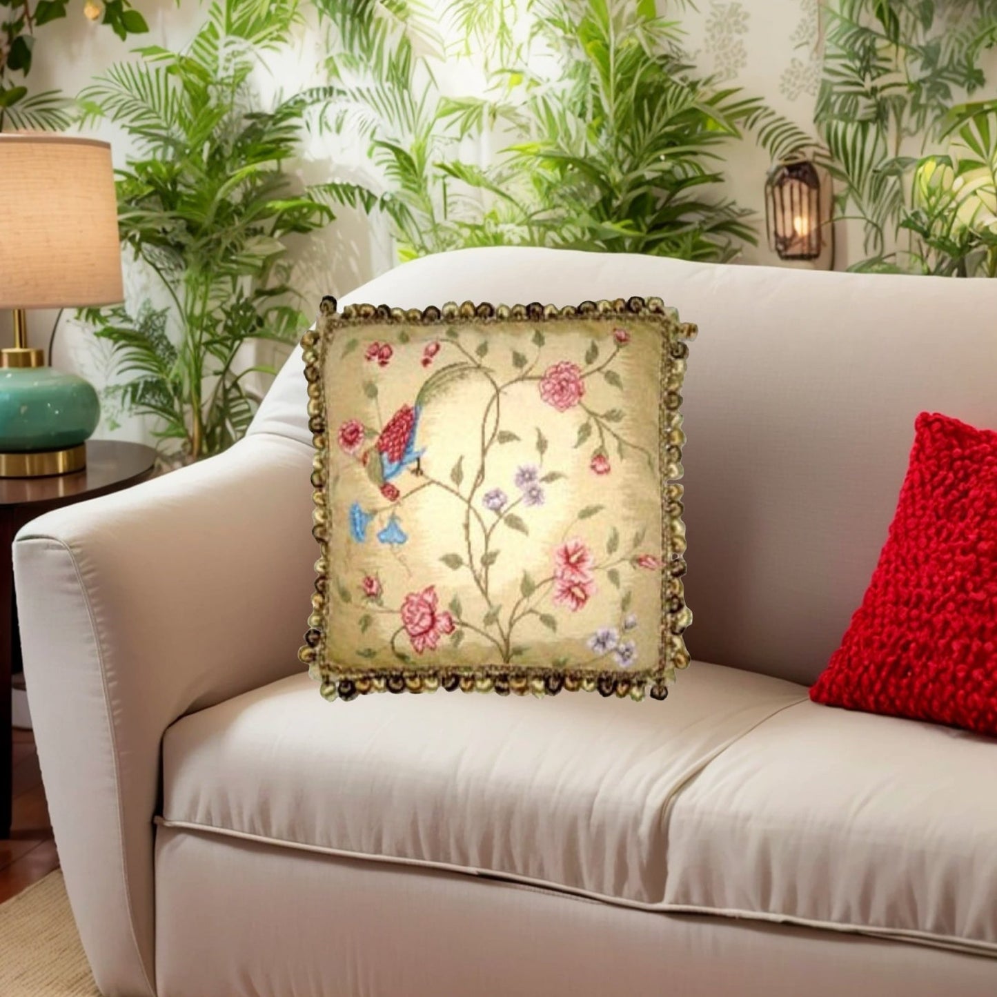 Handmade Wool Needlepoint Pillow Cover - Decorative Throw Cushion Cover - Vintage Floral Embroidery Design  red/blue phoenix & plum in blossom with 3 color tassels 1