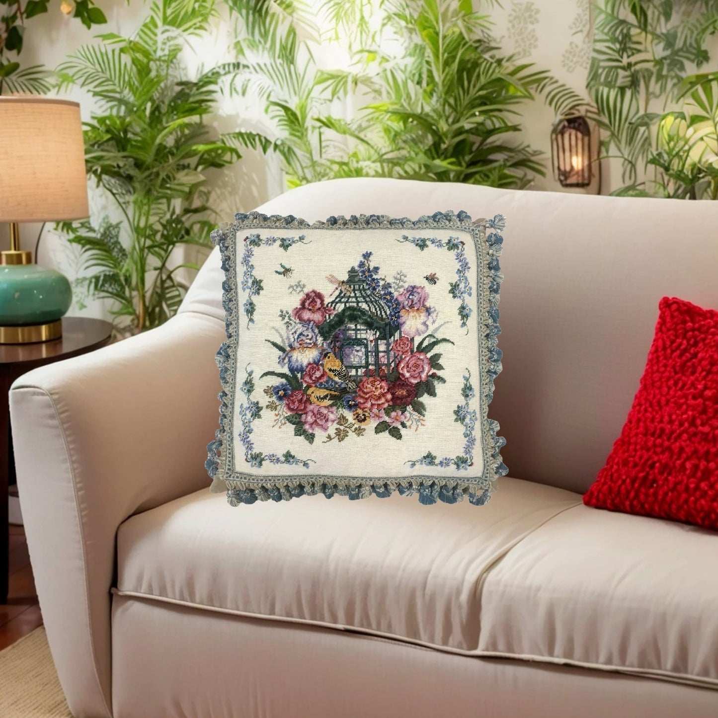 Handmade Wool Needlepoint Pillow Cover - Decorative Throw Cushion Cover - Vintage Floral Embroidery Design  yellow birds with tassel