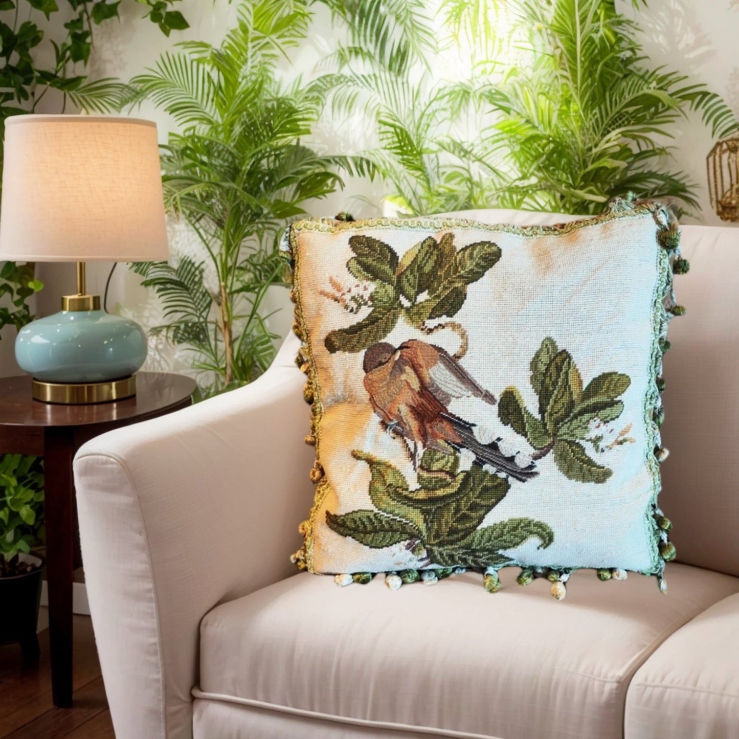 Handmade Wool Needlepoint Pillow Cover - Decorative Throw Cushion Cover - Vintage Floral Embroidery Design  bird & dogwood with 2 color tassel