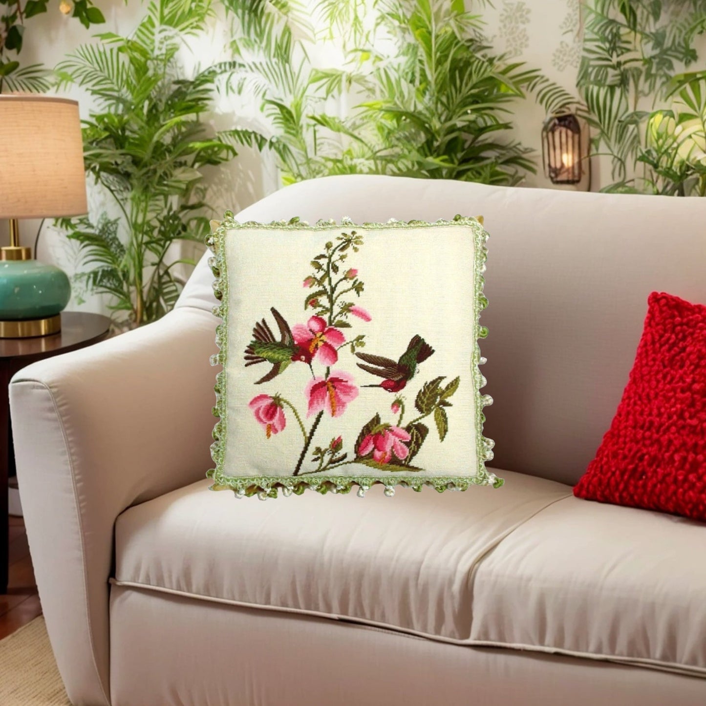 Handmade Wool Needlepoint Pillow Cover - Decorative Throw Cushion Cover - Vintage Floral Embroidery Design 2 humming birds pink flowers with 3 color tassels