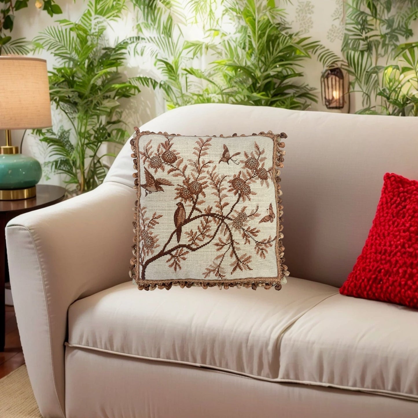 Handmade Wool Needlepoint Pillow Cover - Decorative Throw Cushion Cover - Vintage Floral Embroidery Design  antique tree  swallows butterfliers with tassels 1