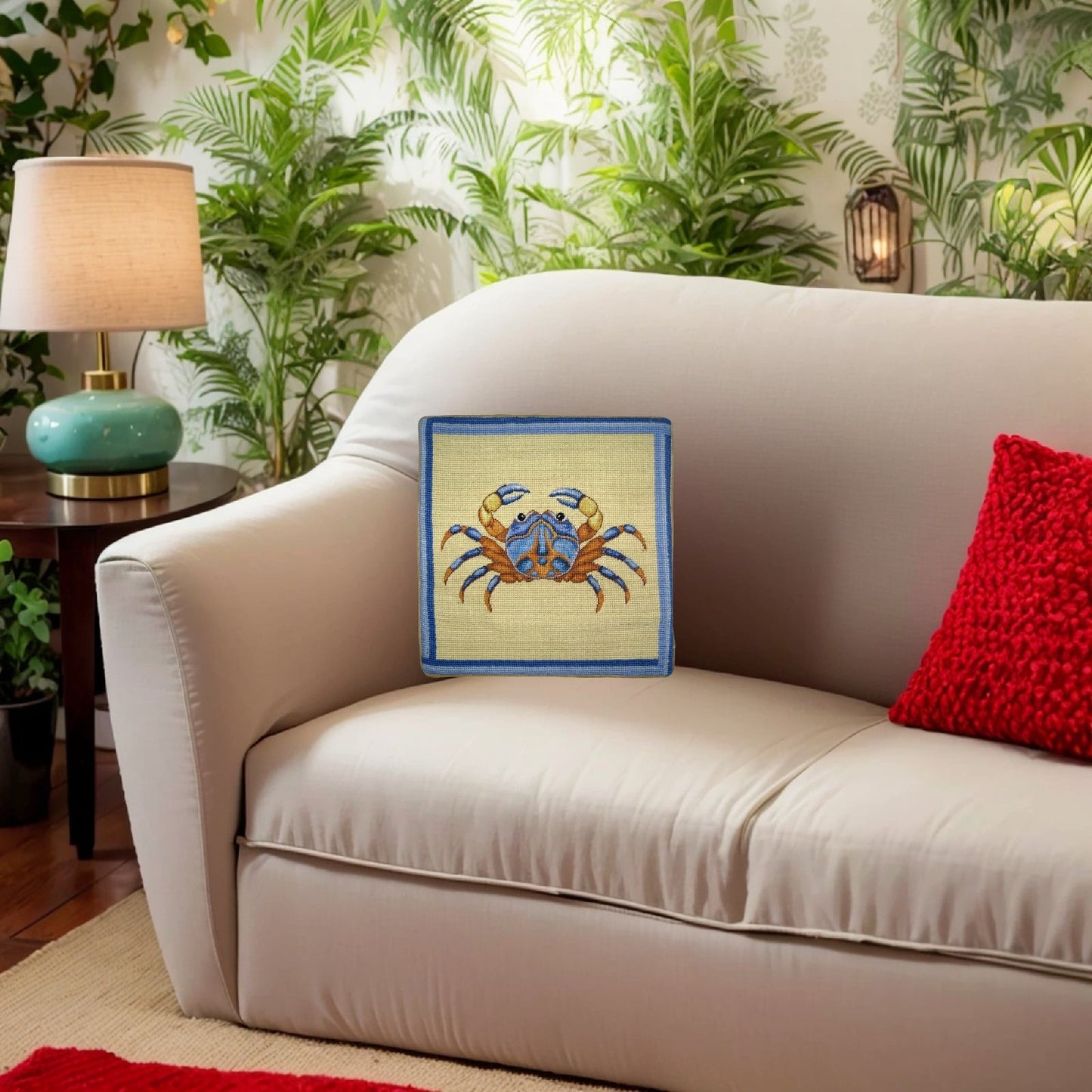 Handmade Wool Needlepoint Pillow Cover - Decorative Throw Cushion Cover - Vintage Floral Embroidery Design blue crab