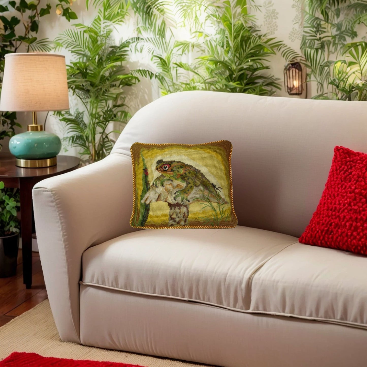 Handmade Wool Needlepoint Pillow Cover - Decorative Throw Cushion Cover - Vintage Floral Embroidery Design Frog on the mushroom with gold cording