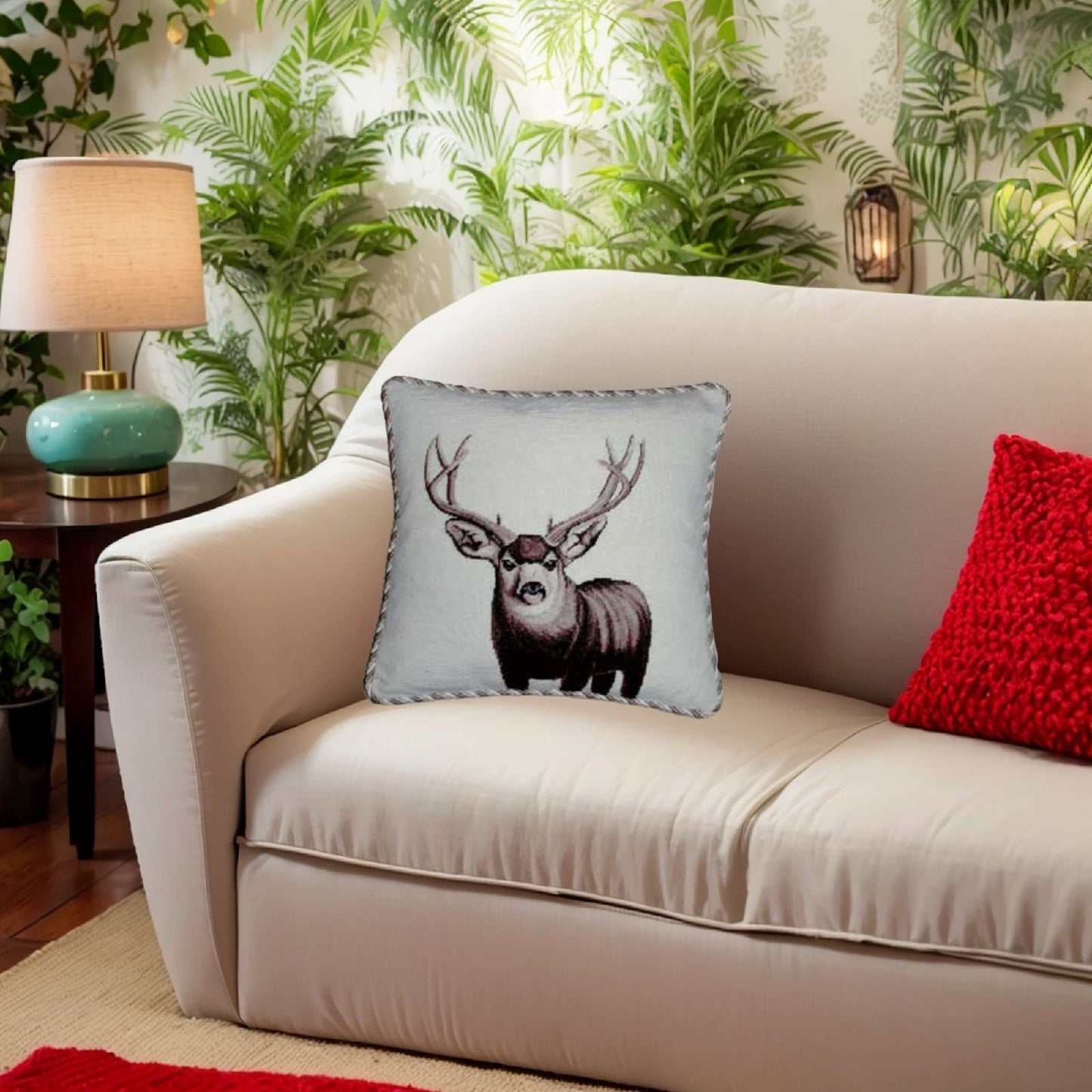Handmade Wool Needlepoint Pillow Cover - Decorative Throw Cushion Cover - Vintage Floral Embroidery Design  Moose with 3 color cording