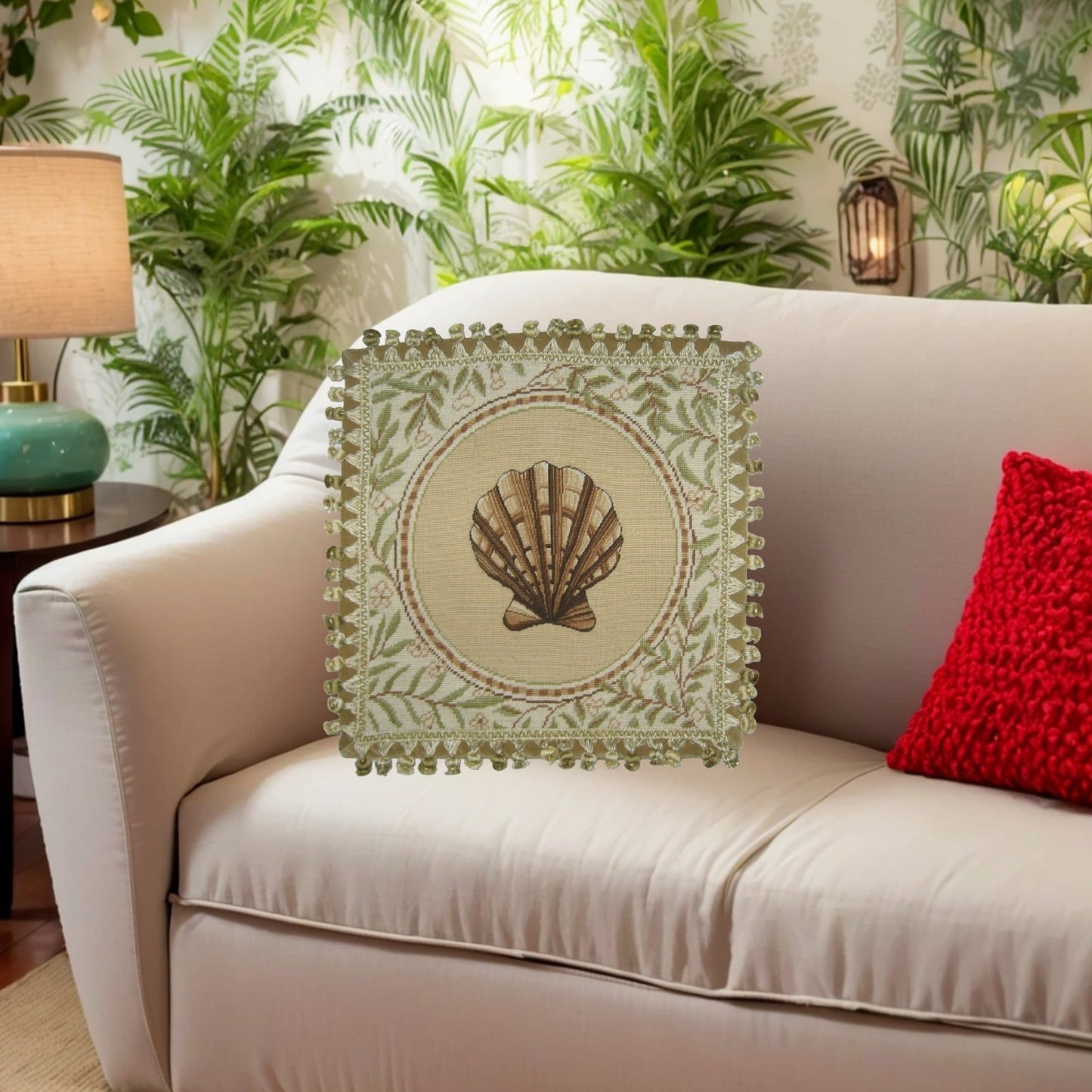 Handmade Wool Needlepoint Pillow Cover - Decorative Throw Cushion Cover - Vintage Floral Embroidery Design fan shell with back and tassels