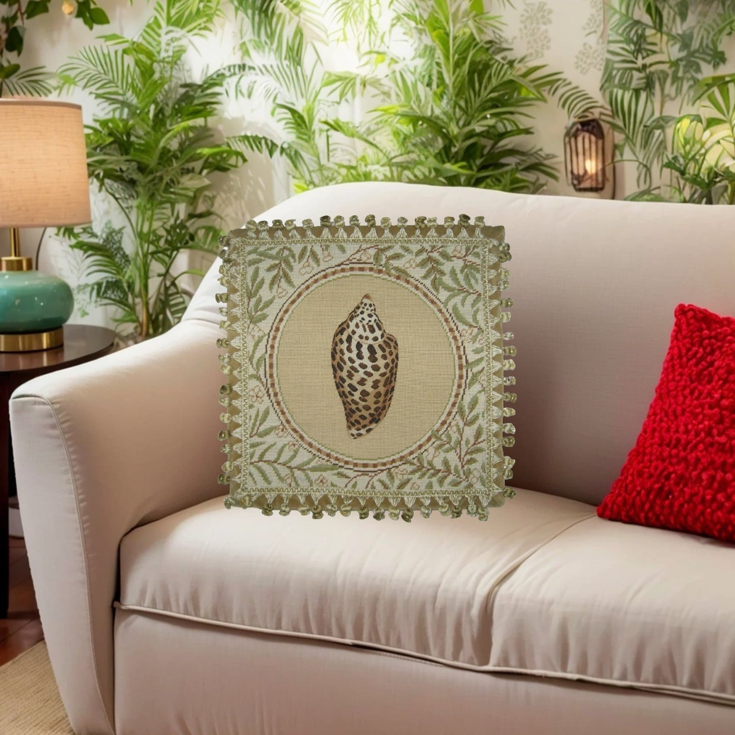 Handmade Wool Needlepoint Pillow Cover - Decorative Throw Cushion Cover - Vintage Floral Embroidery Design Conus shell with back and tassels