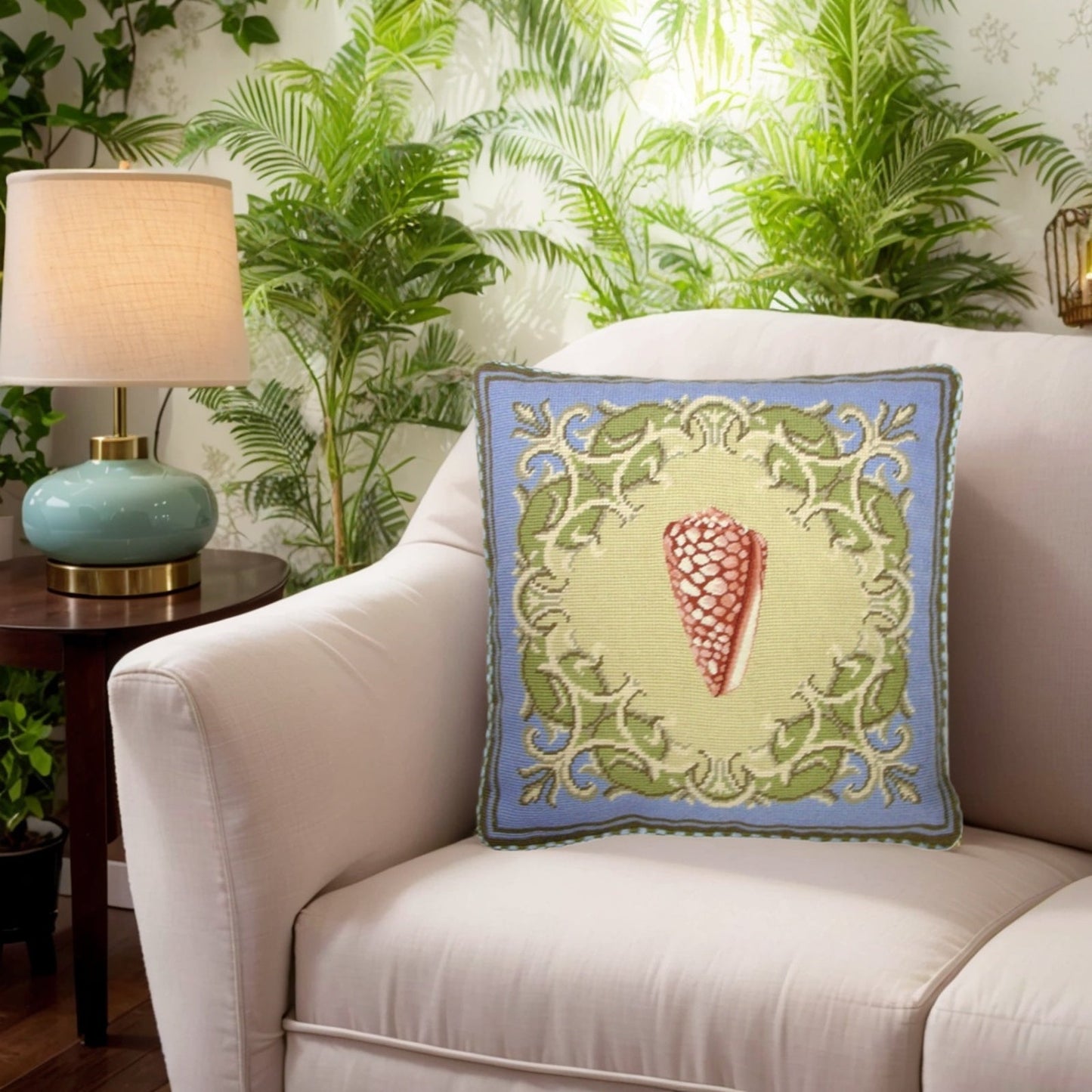 Handmade Wool Needlepoint Pillow Cover - Decorative Throw Cushion Cover - Vintage Floral Embroidery Design red shell with checker cording