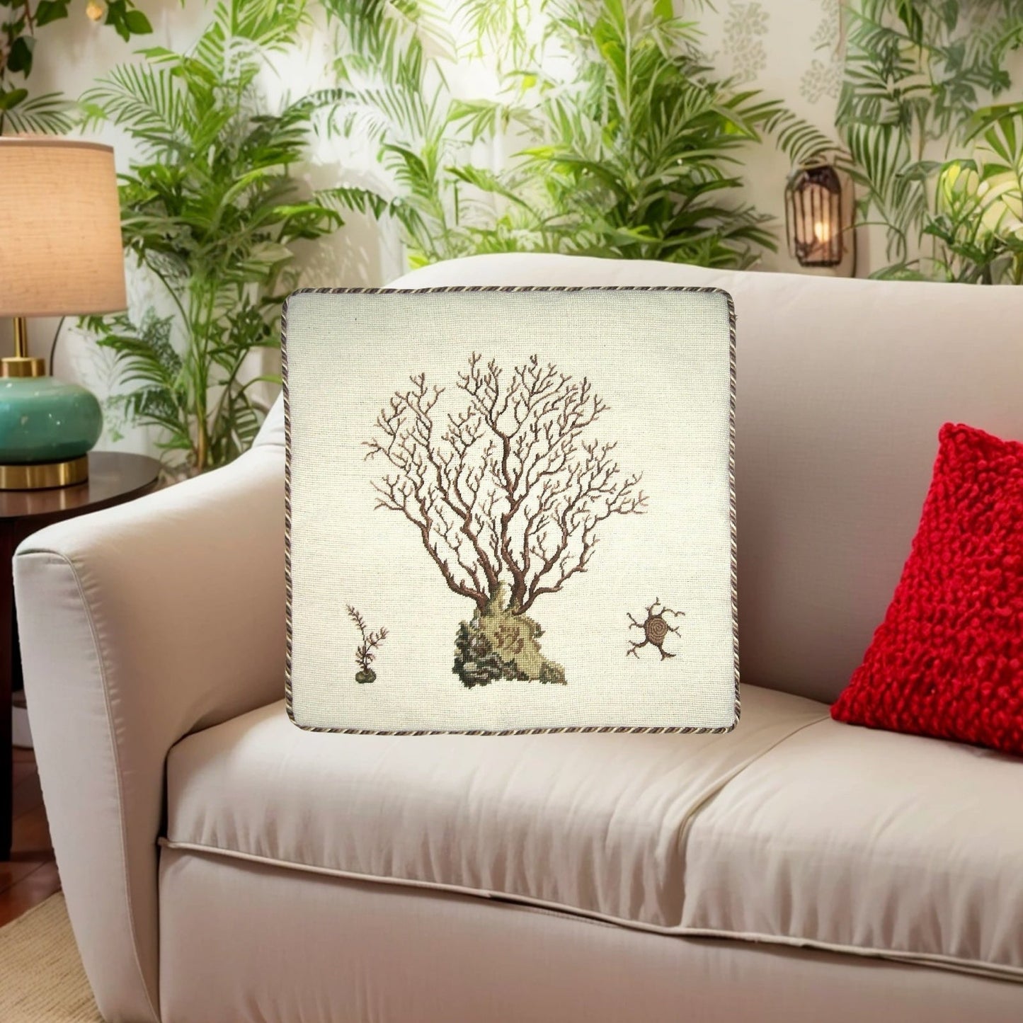 Handmade Wool Needlepoint Pillow Cover - Decorative Throw Cushion Cover - Vintage Floral Embroidery Design brown Marestail with 3 color cording