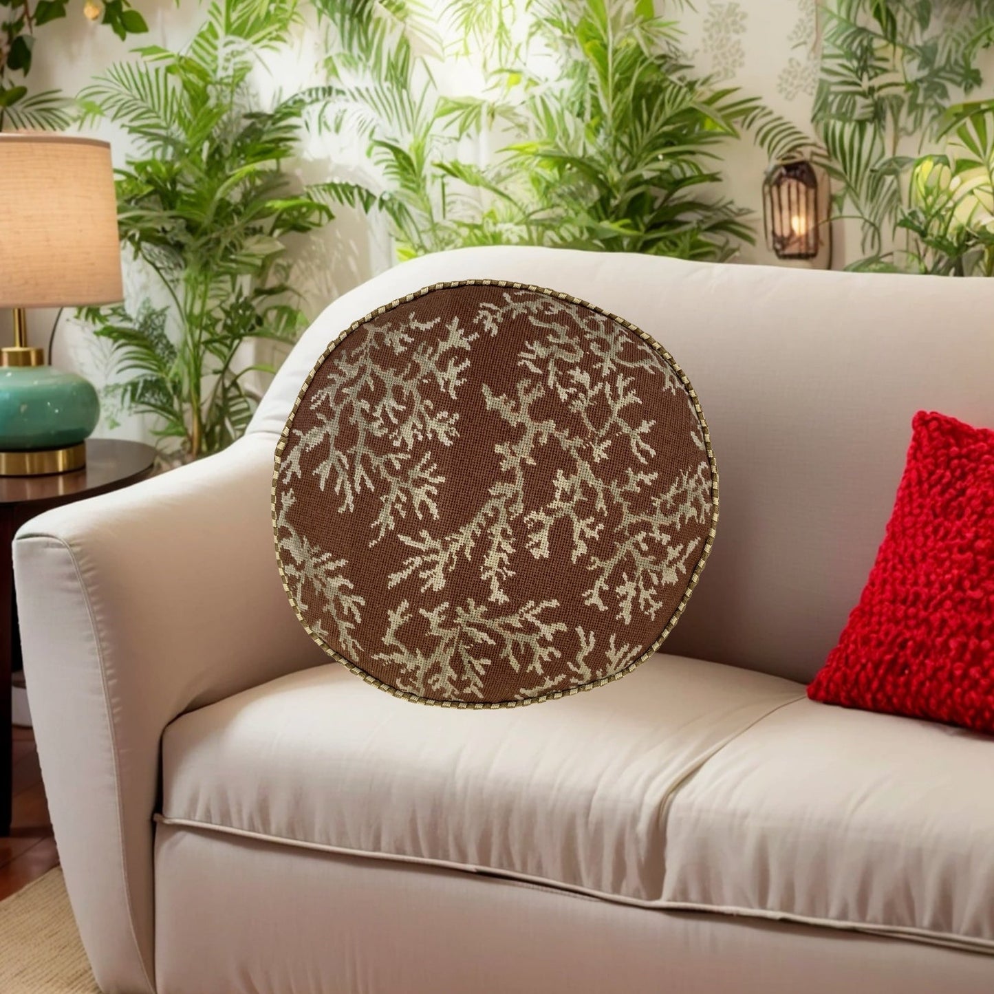 Handmade Wool Needlepoint Pillow Cover - Decorative Throw Cushion Cover - Vintage Floral Embroidery Design ivory coral brown background with cording