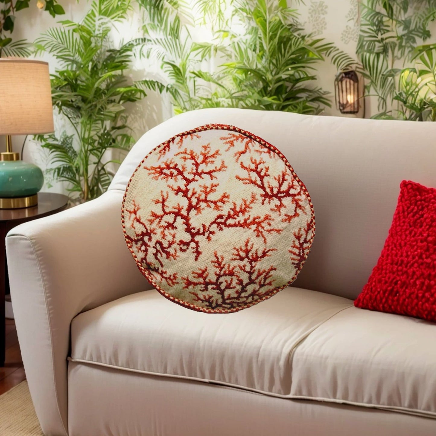 Handmade Wool Needlepoint Pillow Cover - Decorative Throw Cushion Cover - Vintage Floral Embroidery Design red coral ivory background with 2 color cording