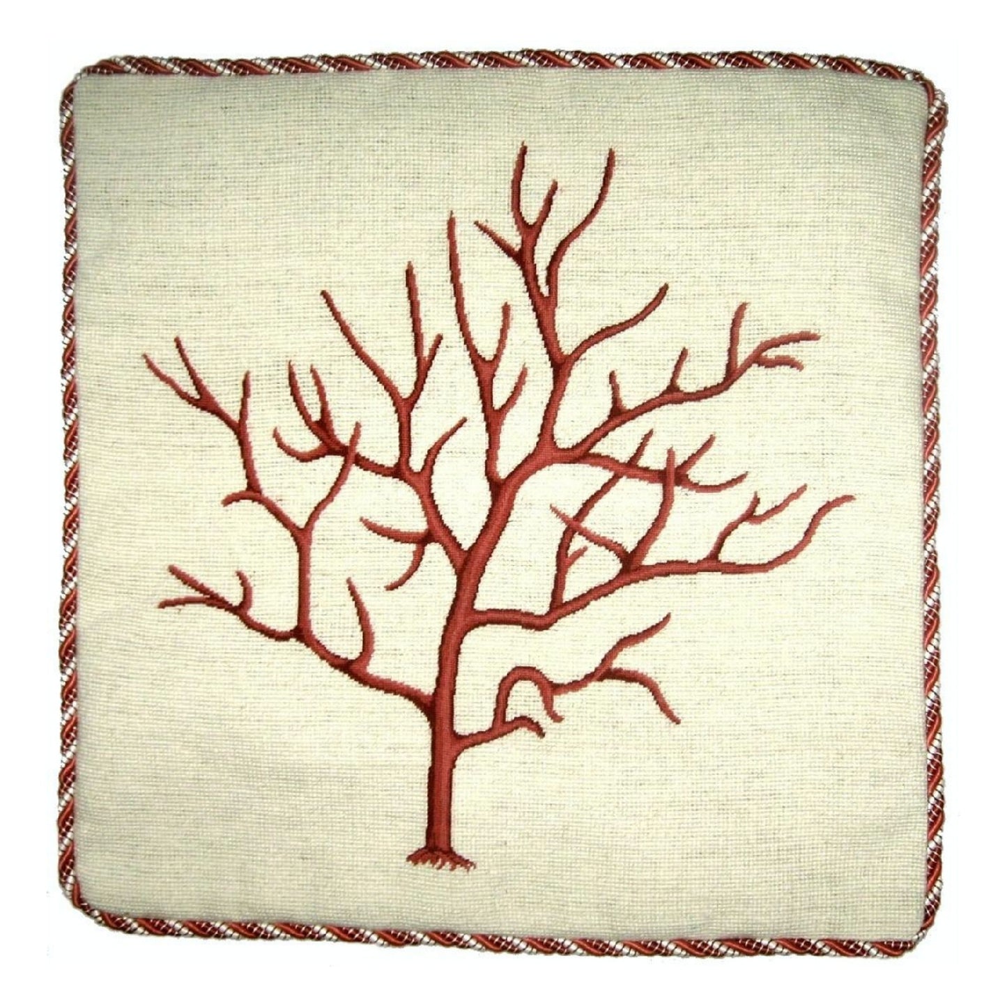 Handmade Wool Needlepoint Pillow Cover - Decorative Throw Cushion Cover - Vintage Floral Embroidery Design red small coral with cording