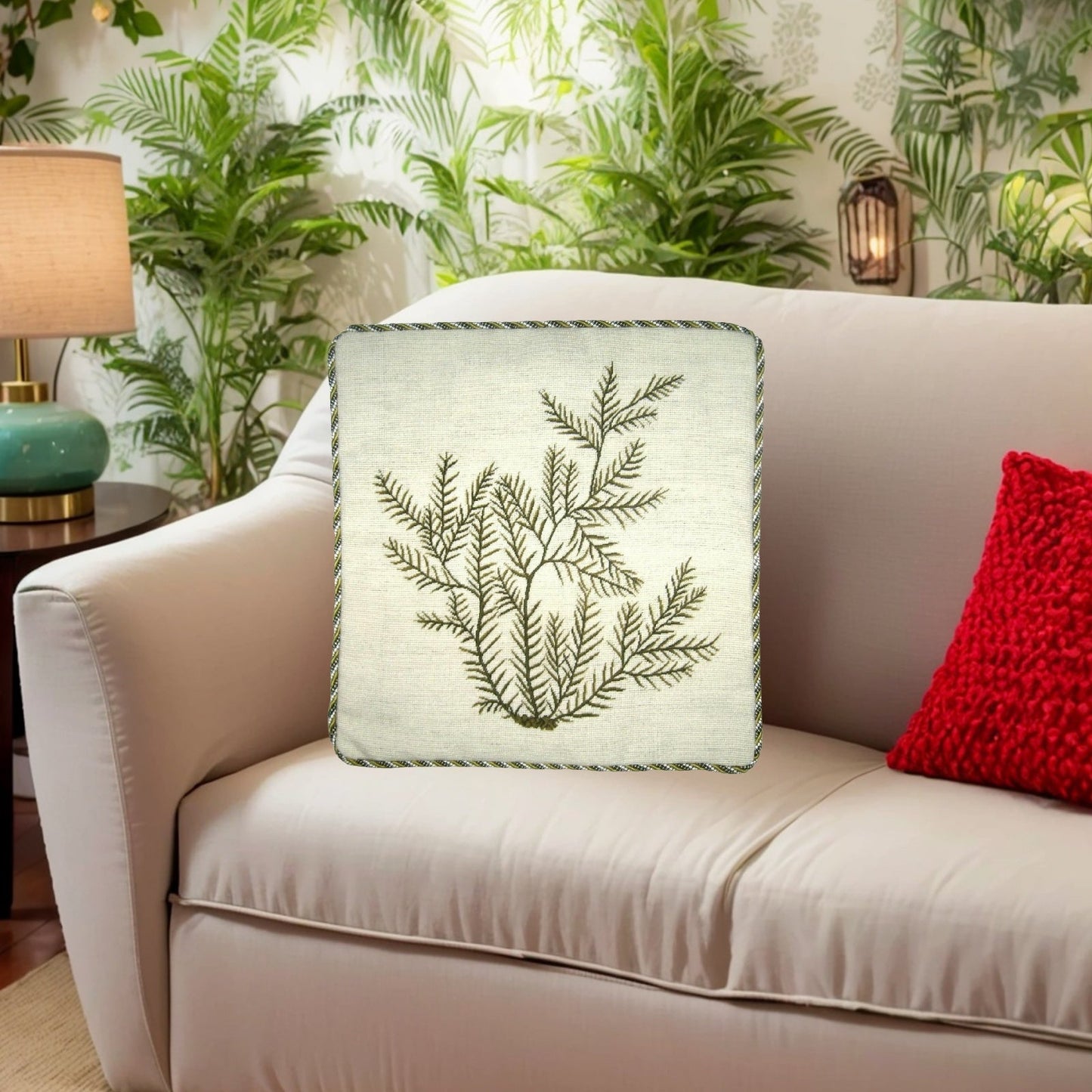 Handmade Wool Needlepoint Pillow Cover - Decorative Throw Cushion Cover - Vintage Floral Embroidery Design seaweeds green Sealace with cording