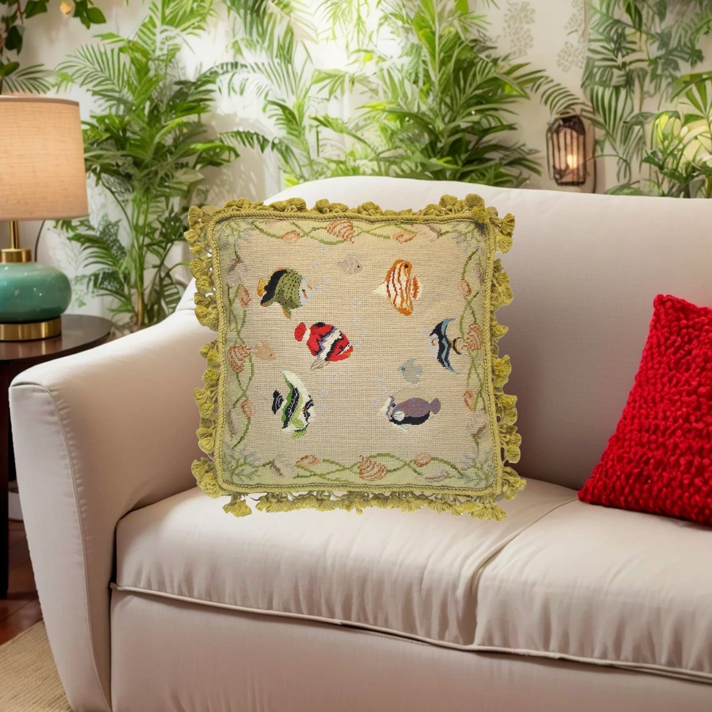 Handmade Wool Needlepoint Pillow Cover - Decorative Throw Cushion Cover - Vintage Floral Embroidery Design fishes with grosspoint 2 color background, nature tassels