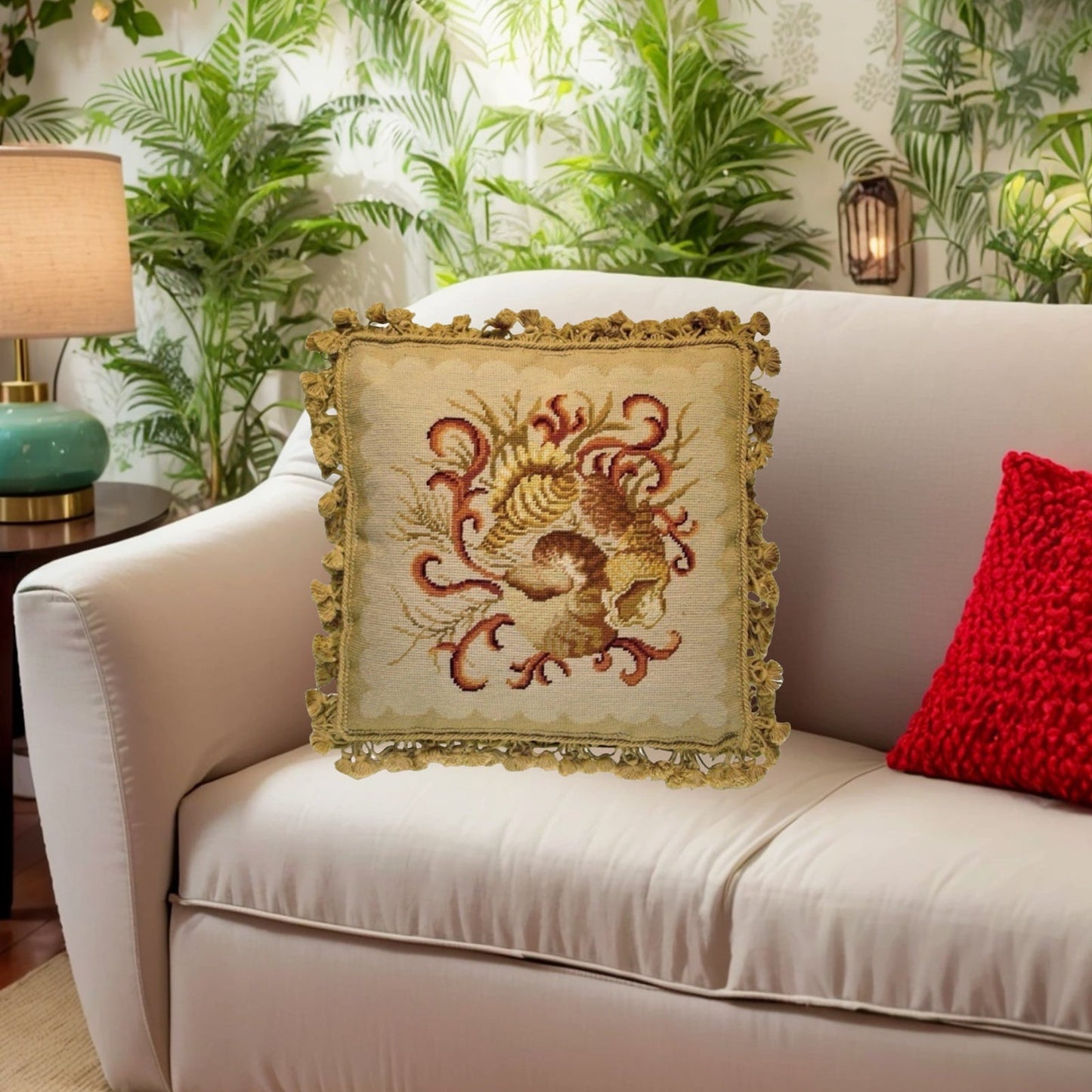 Handmade Wool Needlepoint Pillow Cover - Decorative Throw Cushion Cover - Vintage Floral Embroidery Design All shell with dark bage tassels