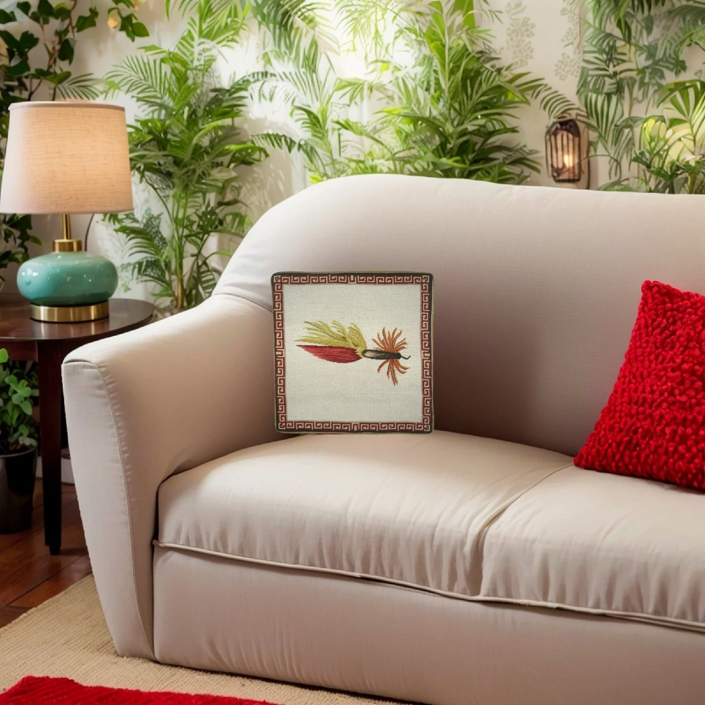 Handmade Wool Needlepoint Pillow Cover - Decorative Throw Cushion Cover - Vintage Floral Embroidery Design Fienst  red-yellow fish-hook