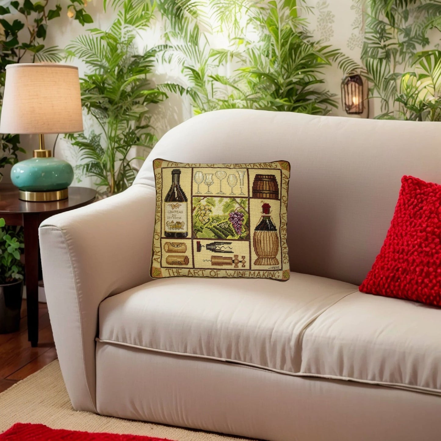 Needlepoint Hand-Embroidered Wool Throw Pillow Exquisite Home Designs James Winess designThe art of wine making,&