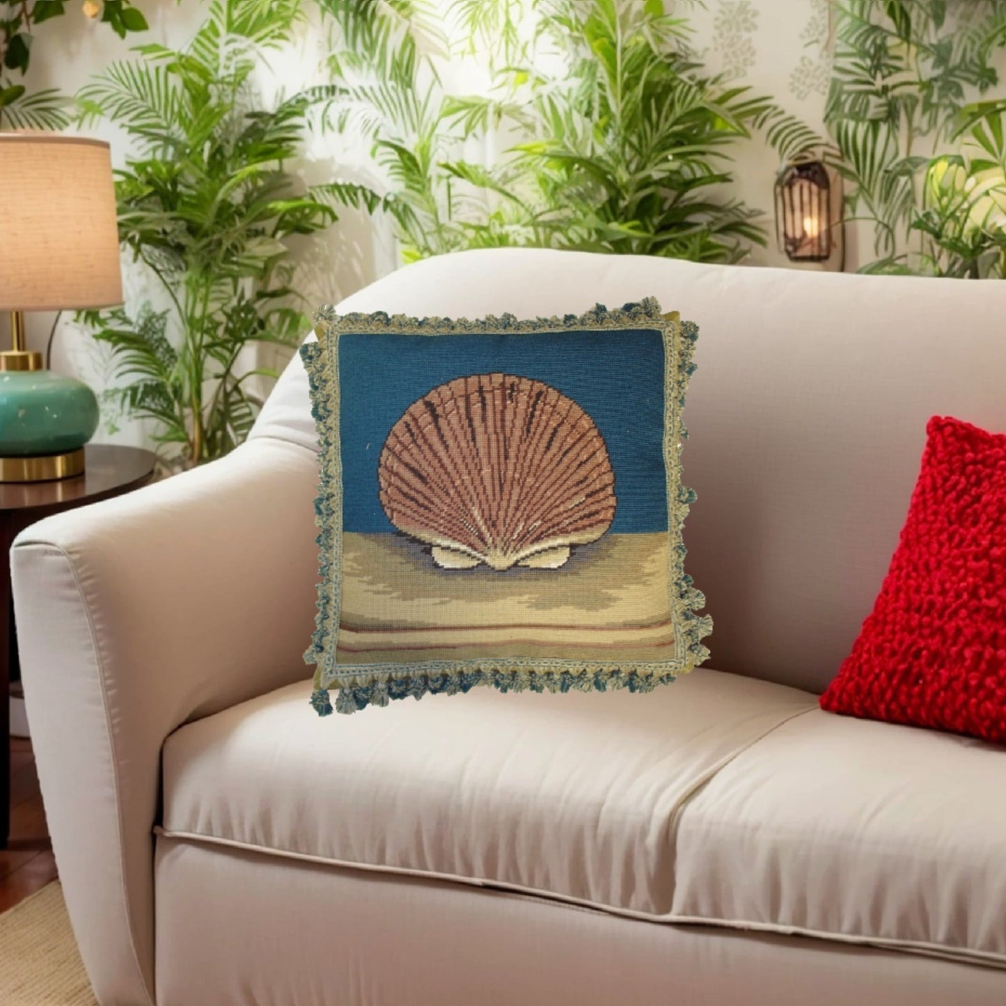 Handmade Wool Needlepoint Pillow Cover - Decorative Throw Cushion Cover - Vintage Floral Embroidery Design sea fanshell with 2 color tassel