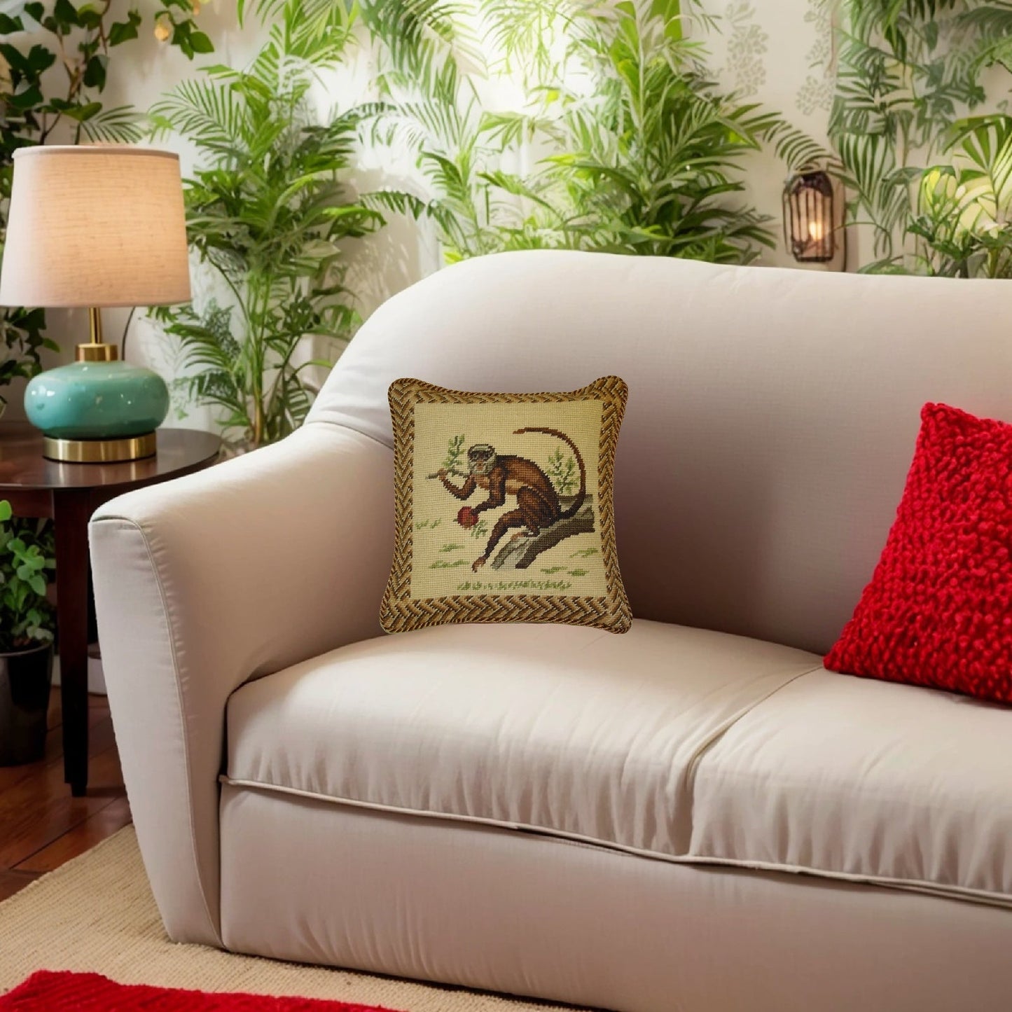 Handmade Wool Needlepoint Pillow Cover - Decorative Throw Cushion Cover - Vintage Floral Embroidery Design monkey carry leaves with cording