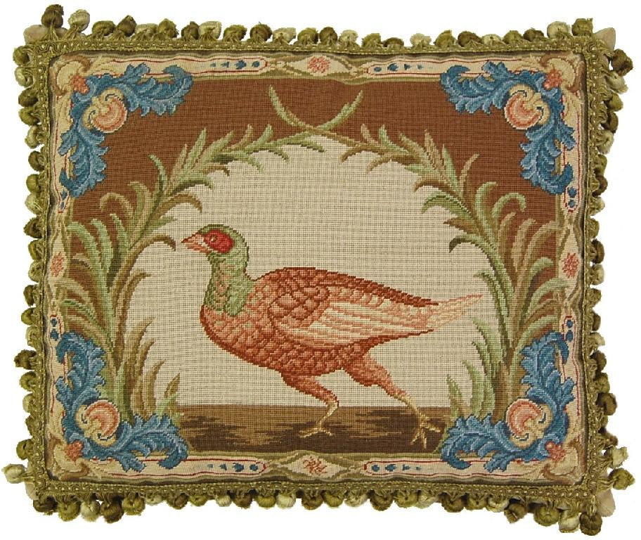 Needlepoint Hand-Embroidered Wool Throw Pillow Exquisite Home Designs  Old World gallinaceous game bird -partridge looking forward with tassels