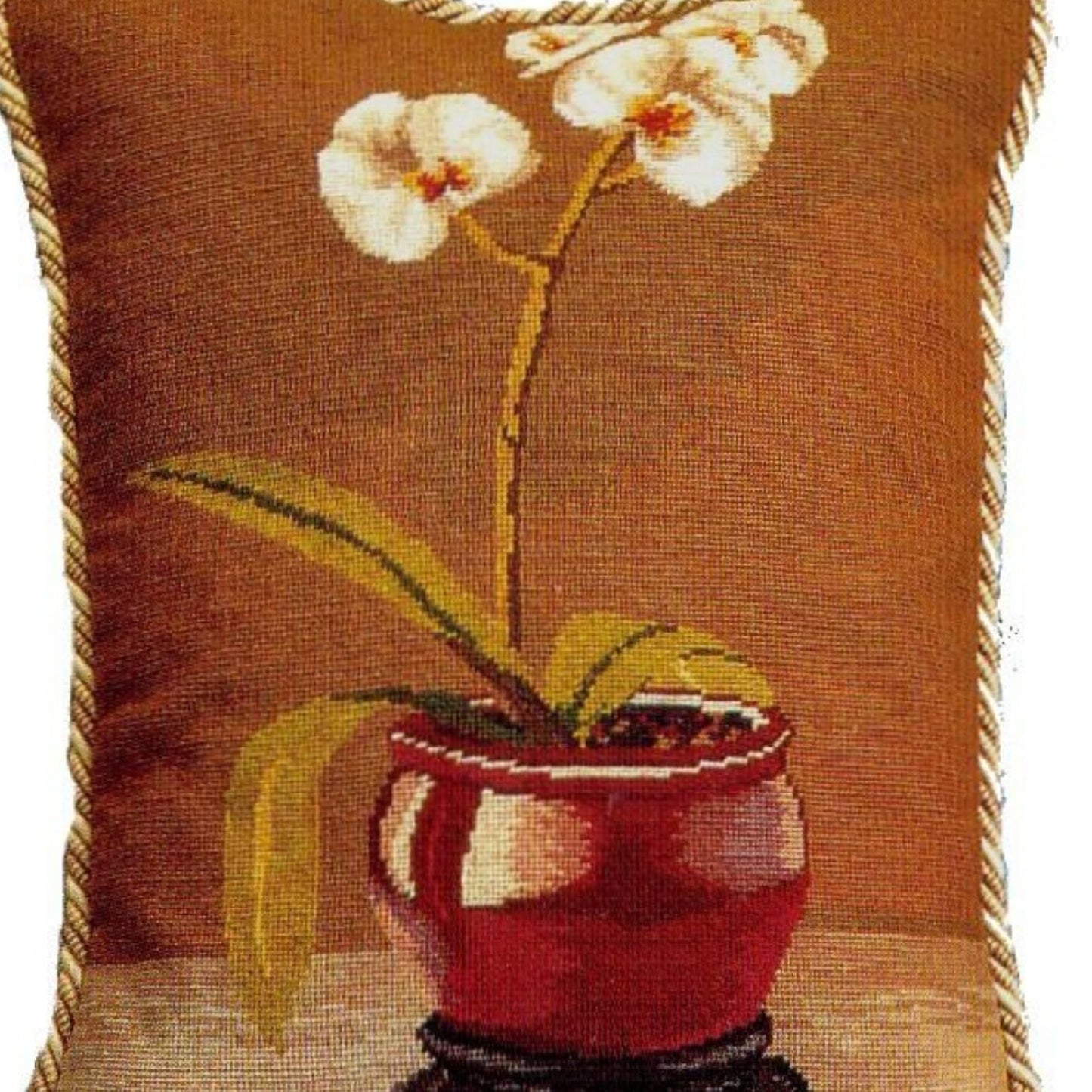 Handmade Wool Needlepoint Pillow Cover - Decorative Throw Cushion Cover - Vintage Floral Embroidery Design  white orchard in red pot with 2 color cording