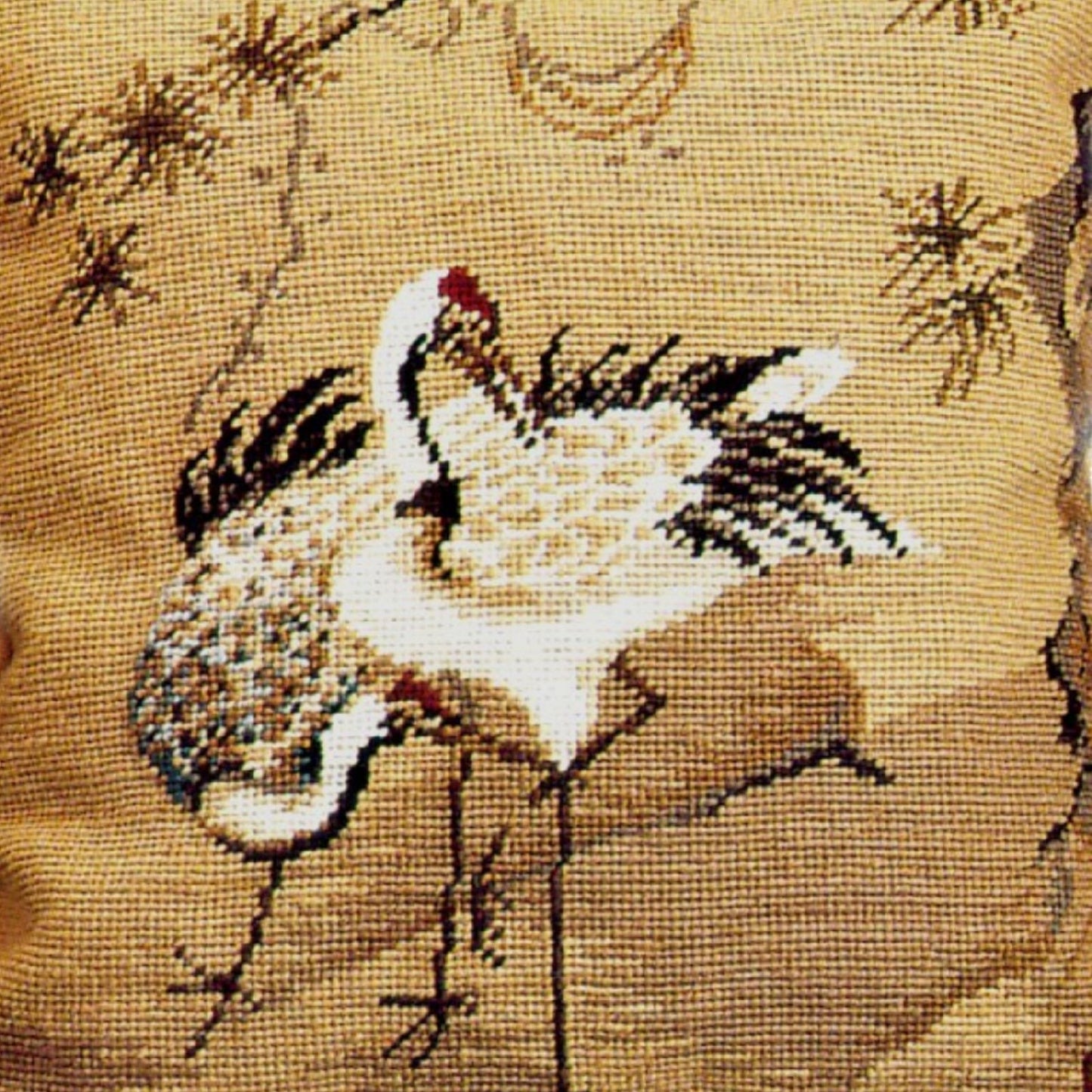 Handmade Wool Needlepoint Pillow Cover - Decorative Throw Cushion Cover - Vintage Floral Embroidery Design  Cranes with pine tree 1
