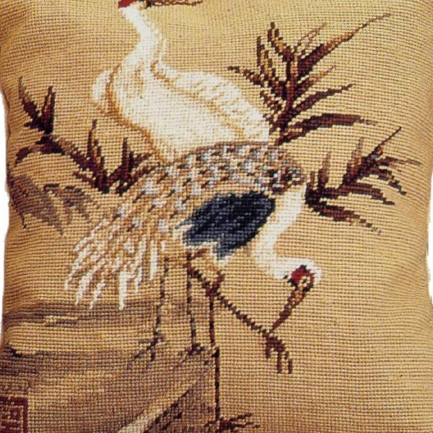 Handmade Wool Needlepoint Pillow Cover - Decorative Throw Cushion Cover - Vintage Floral Embroidery Design  Cranes with green leaves