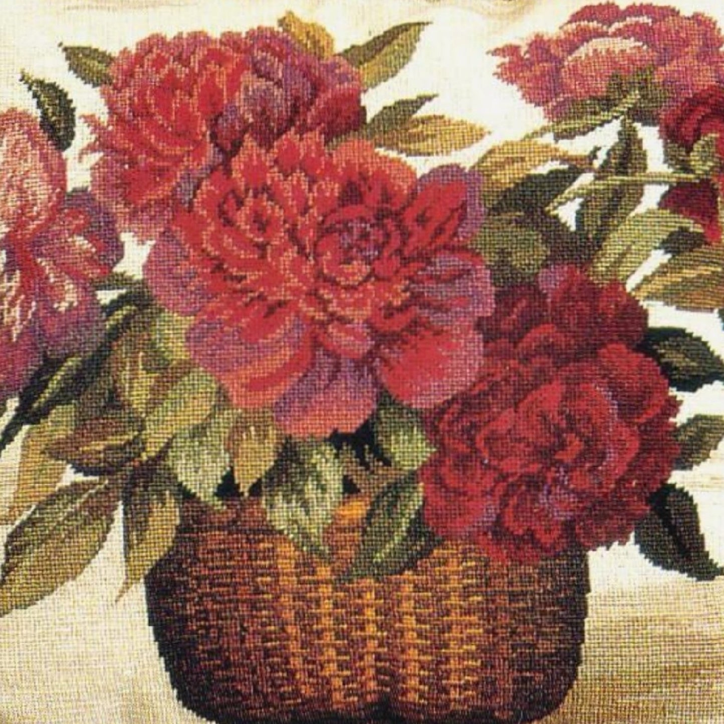 Handmade Wool Needlepoint Pillow Cover - Decorative Throw Cushion Cover - Vintage Floral Embroidery Design  Peoney basket with 2 color cording