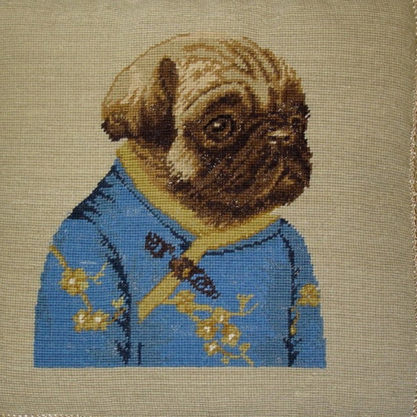 Handmade Wool Needlepoint Pillow Cover - Decorative Throw Cushion Cover - Vintage Floral Embroidery Design  pug girl in blue jacket with 3 color cording