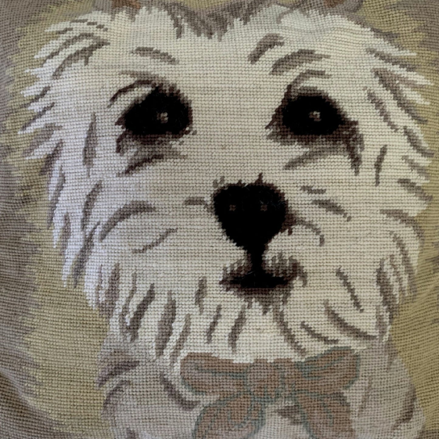 Handmade Wool Needlepoint Pillow Cover - Decorative Throw Cushion Cover - Vintage Floral Embroidery Design  Westie with 3 color cording