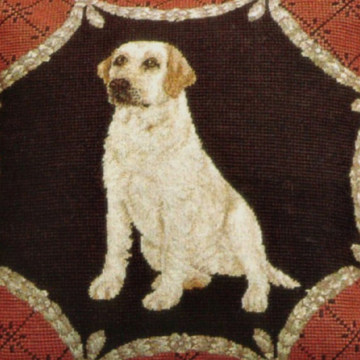 Handmade Wool Needlepoint Pillow Cover - Decorative Throw Cushion Cover - Vintage Floral Embroidery Design  yellow Labradorin red trimming frame