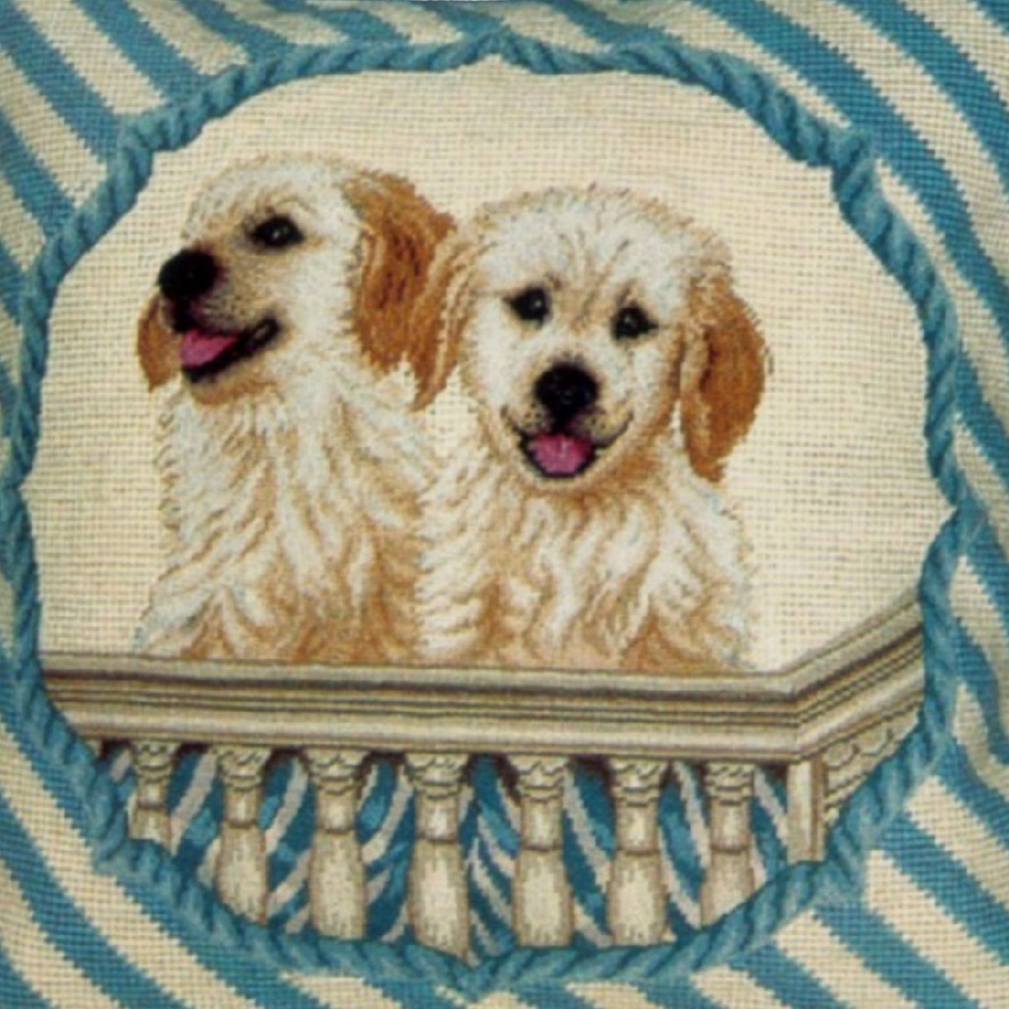 Handmade Wool Needlepoint Pillow Cover - Decorative Throw Cushion Cover - Vintage Floral Embroidery Design  2 puppies in balcony