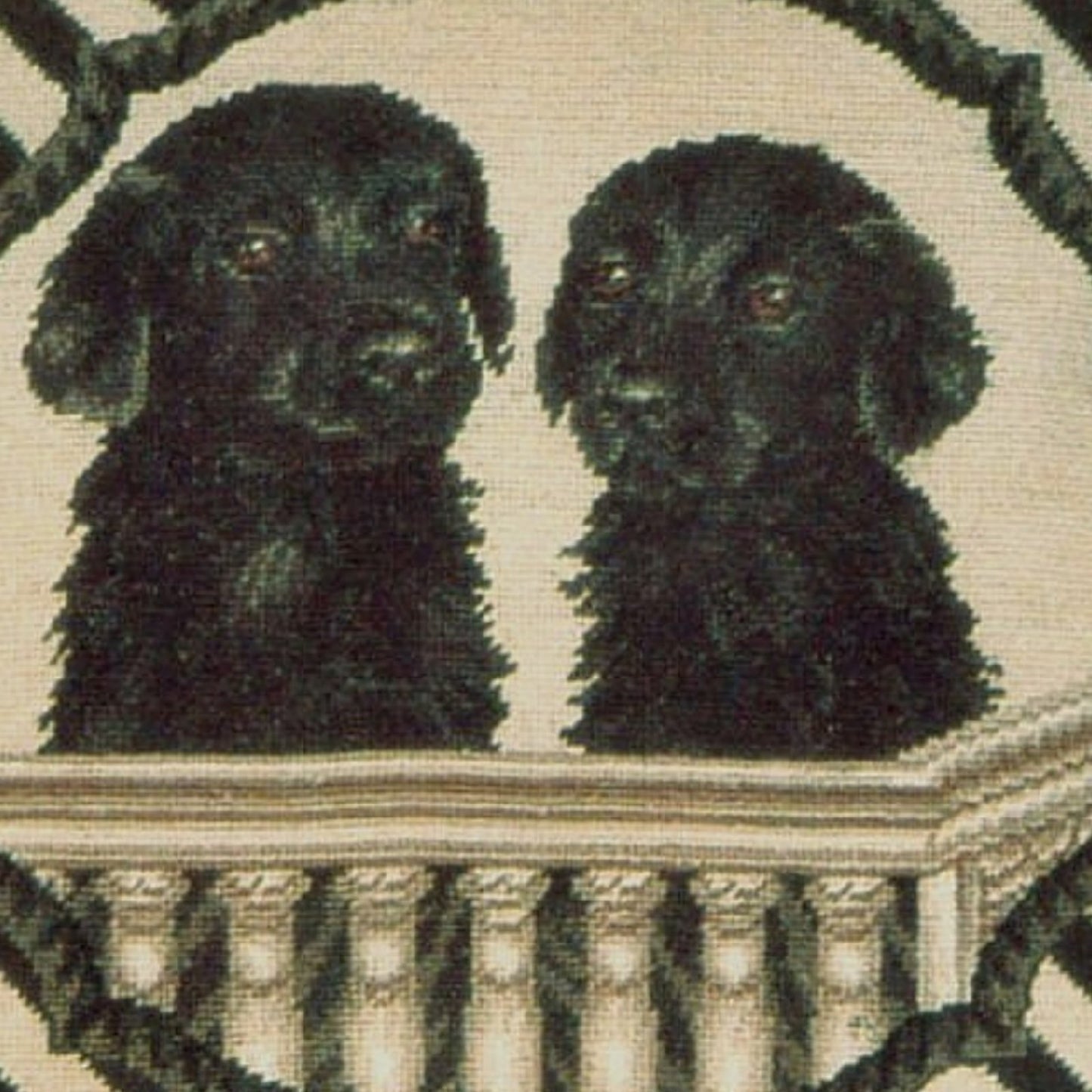 Handmade Wool Needlepoint Pillow Cover - Decorative Throw Cushion Cover - Vintage Floral Embroidery Design  twin black Labrador in balcony