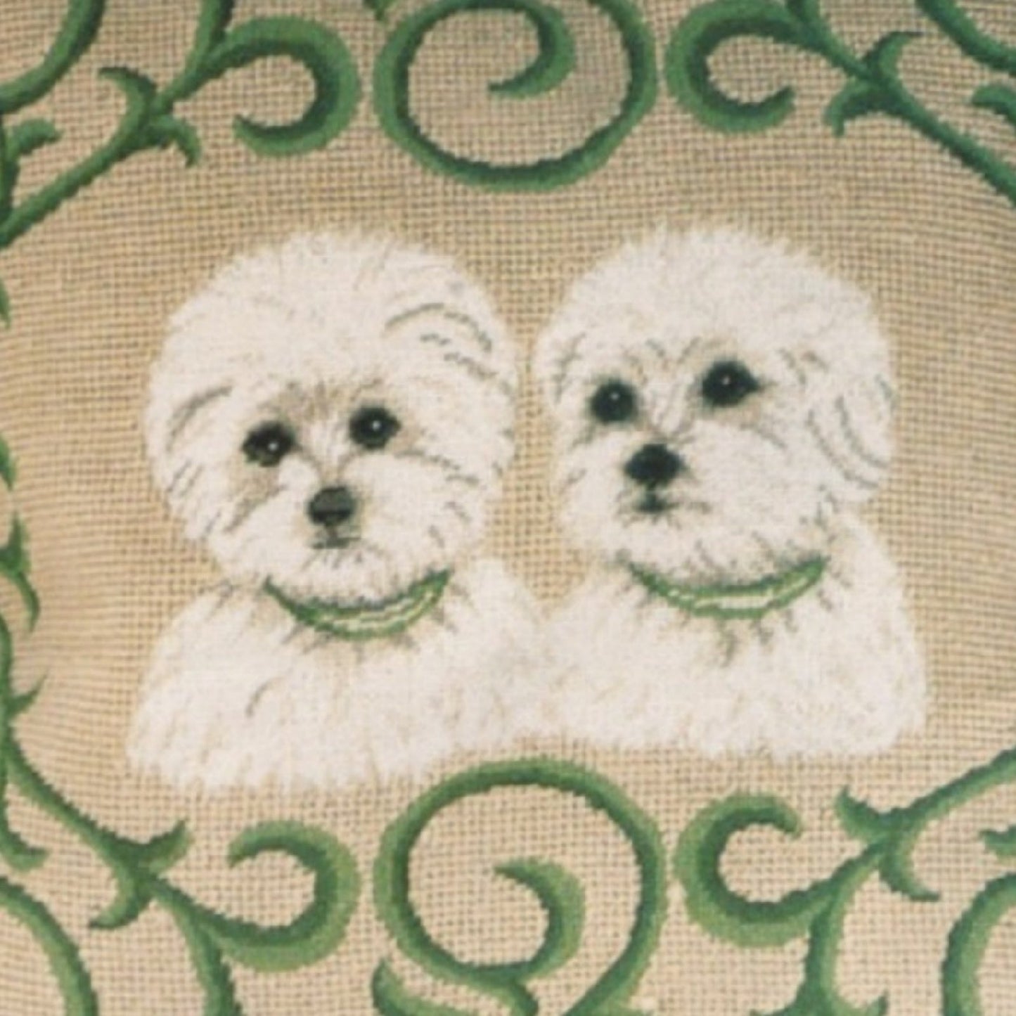 Handmade Wool Needlepoint Pillow Cover - Decorative Throw Cushion Cover - Vintage Floral Embroidery Design  twin Westie in green leave frame