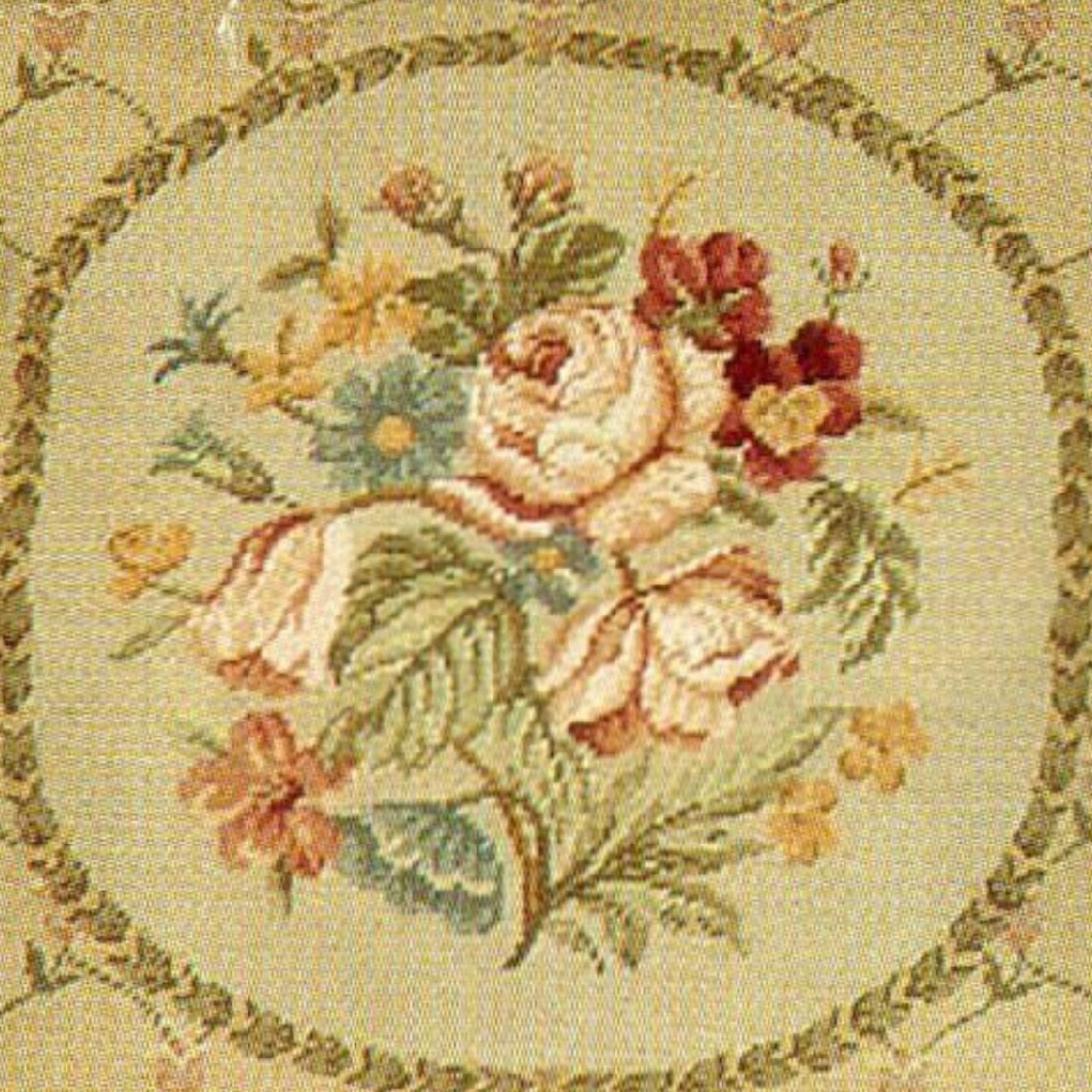 Handmade Wool Needlepoint Pillow Cover - Decorative Throw Cushion Cover - Vintage Floral Embroidery Design  floral in small leave circle with tassel