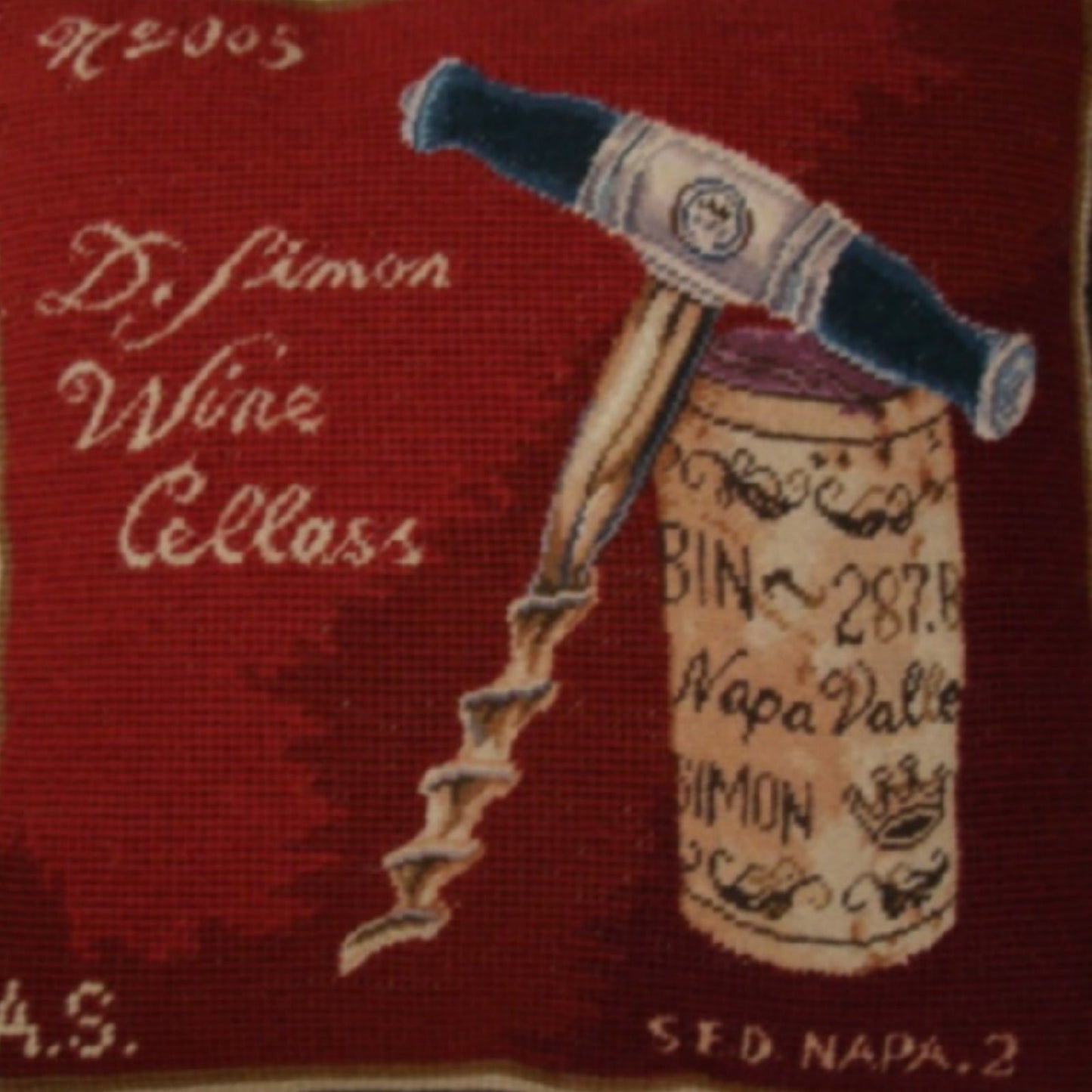 Handmade Wool Needlepoint Pillow Cover - Decorative Throw Cushion Cover - Vintage Floral Embroidery Design pin & cork red back Angela Staehling designBine 287 with cording