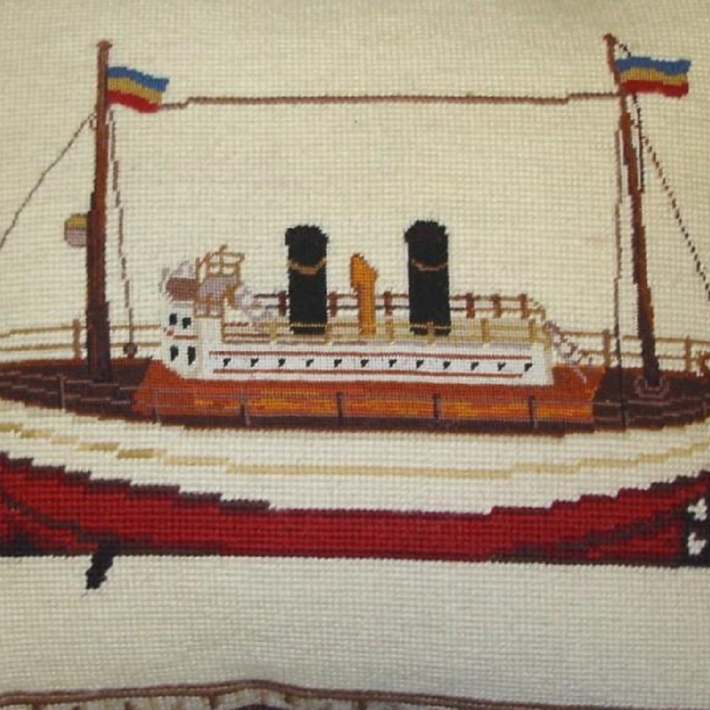 Handmade Wool Needlepoint Pillow Cover - Decorative Throw Cushion Cover - Vintage Floral Embroidery Design  boat with brown cording