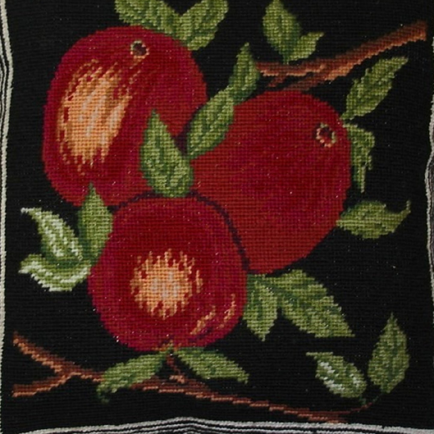 Handmade Wool Needlepoint Pillow Cover - Decorative Throw Cushion Cover - Vintage Floral Embroidery Design red apples black background