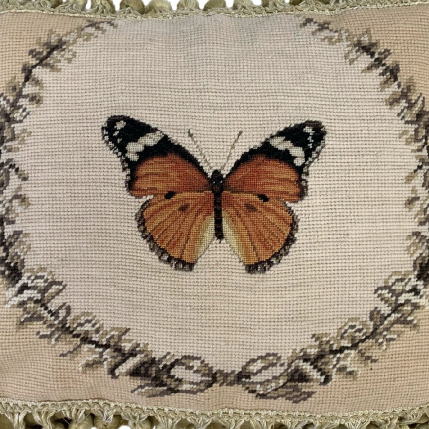 Handmade Wool Needlepoint Pillow Cover - Decorative Throw Cushion Cover - Vintage Floral Embroidery Design orange butterfly with 2 color tassel