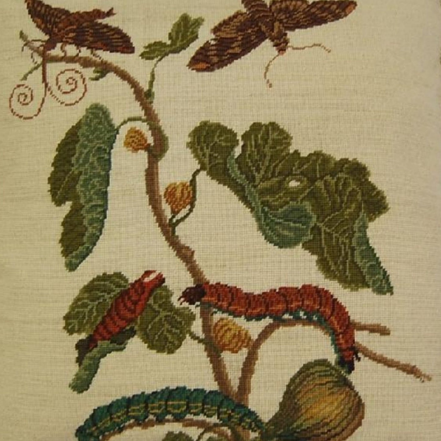Handmade Wool Needlepoint Pillow Cover - Decorative Throw Cushion Cover - Vintage Floral Embroidery Design  background, green/brown caterpillars with 3 color tassels