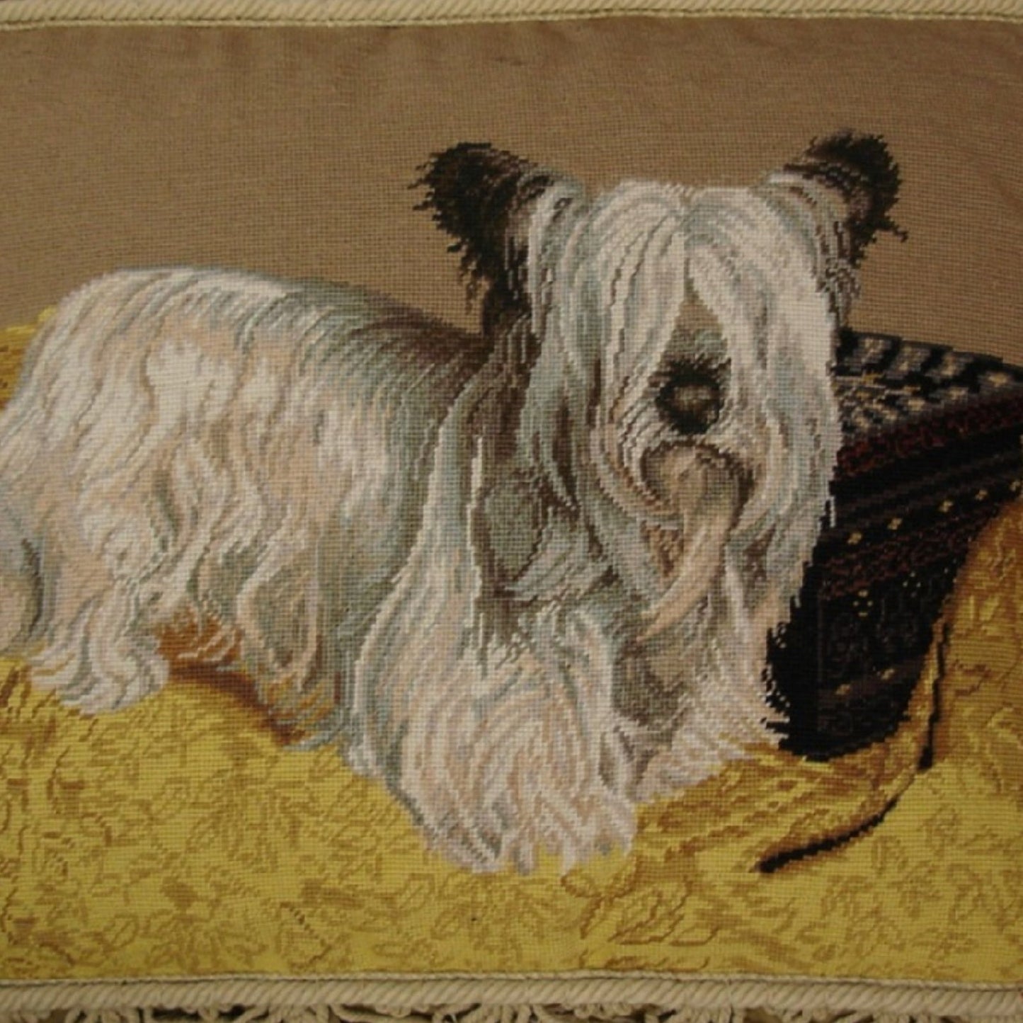 Handmade Wool Needlepoint Pillow Cover - Decorative Throw Cushion Cover - Vintage Floral Embroidery Design  Skye Terie in the yellow rug with nature tassel