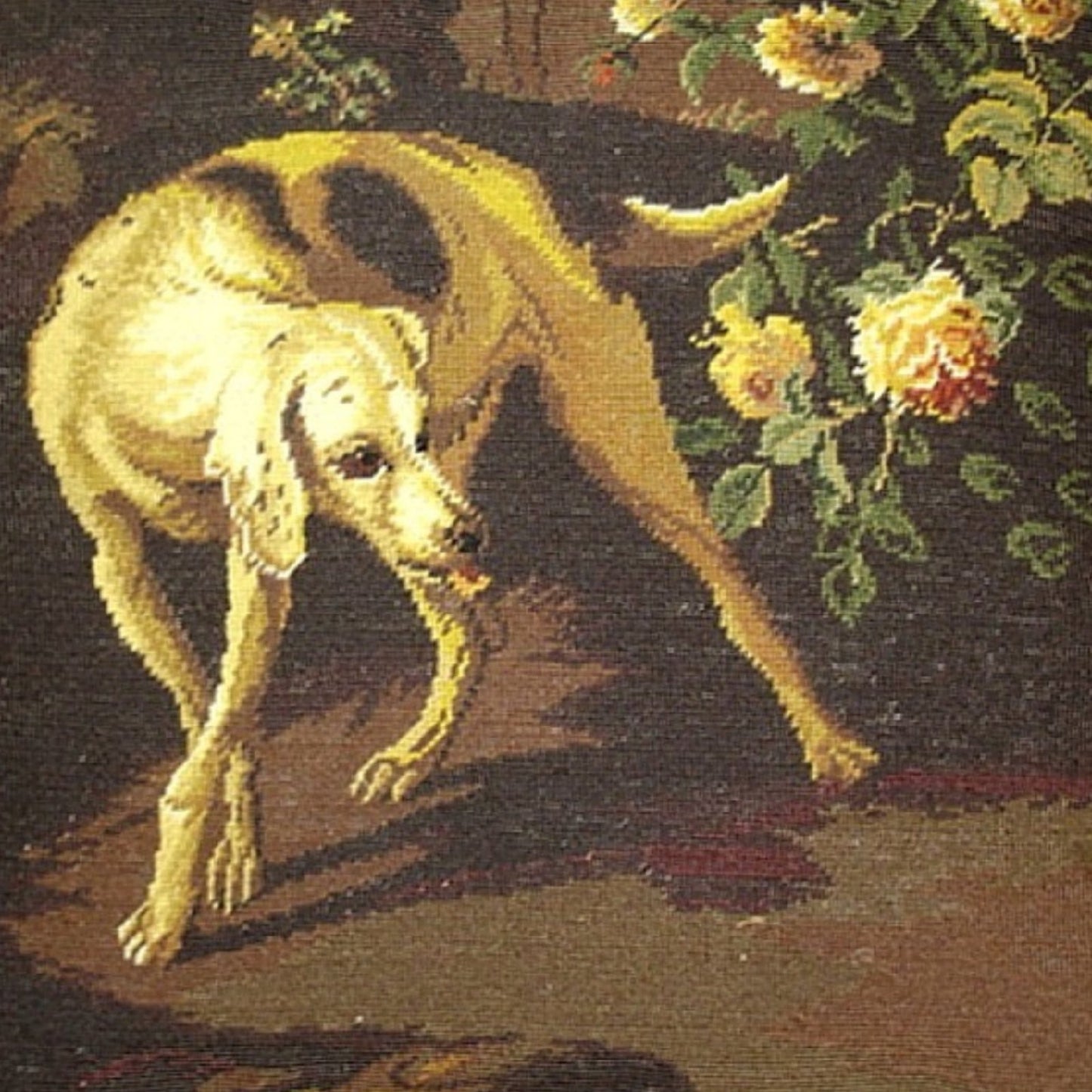 Handmade Wool Needlepoint Pillow Cover - Decorative Throw Cushion Cover - Vintage Floral Embroidery Design  brown hunting yellow rose with gold tassels