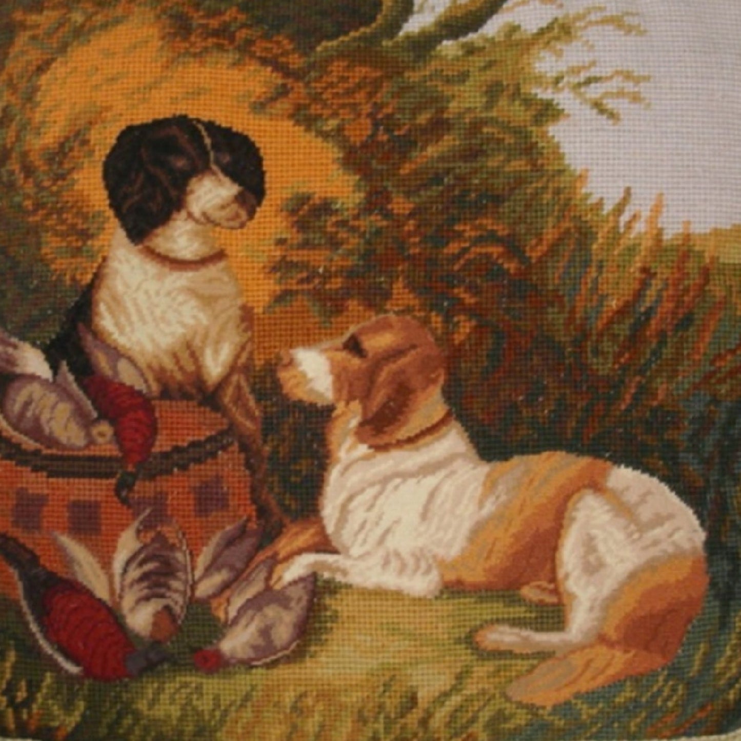 Handmade Wool Needlepoint Pillow Cover - Decorative Throw Cushion Cover - Vintage Floral Embroidery Design hunting dog & bird background with tassels