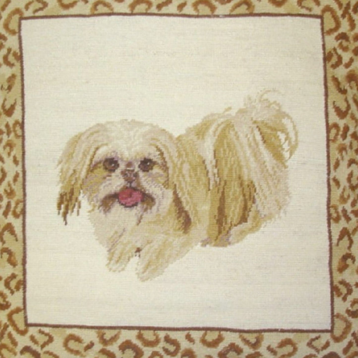 Handmade Wool Needlepoint Pillow Cover - Decorative Throw Cushion Cover - Vintage Floral Embroidery Design  playfully Shih-Tzu with animal print frame 2 color tassels