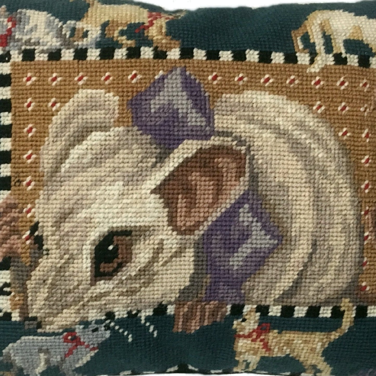 Handmade Wool Needlepoint Pillow Cover - Decorative Throw Cushion Cover - Vintage Floral Embroidery Design mouse surrounded by cats & dogs