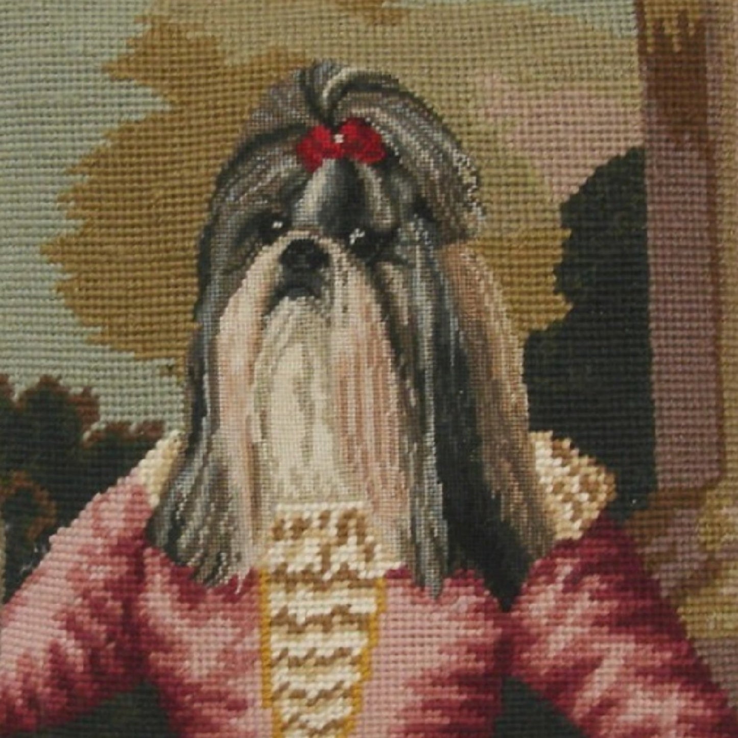 Handmade Wool Needlepoint Pillow Cover - Decorative Throw Cushion Cover - Vintage Floral Embroidery Design Shih Tzu background grosspoint