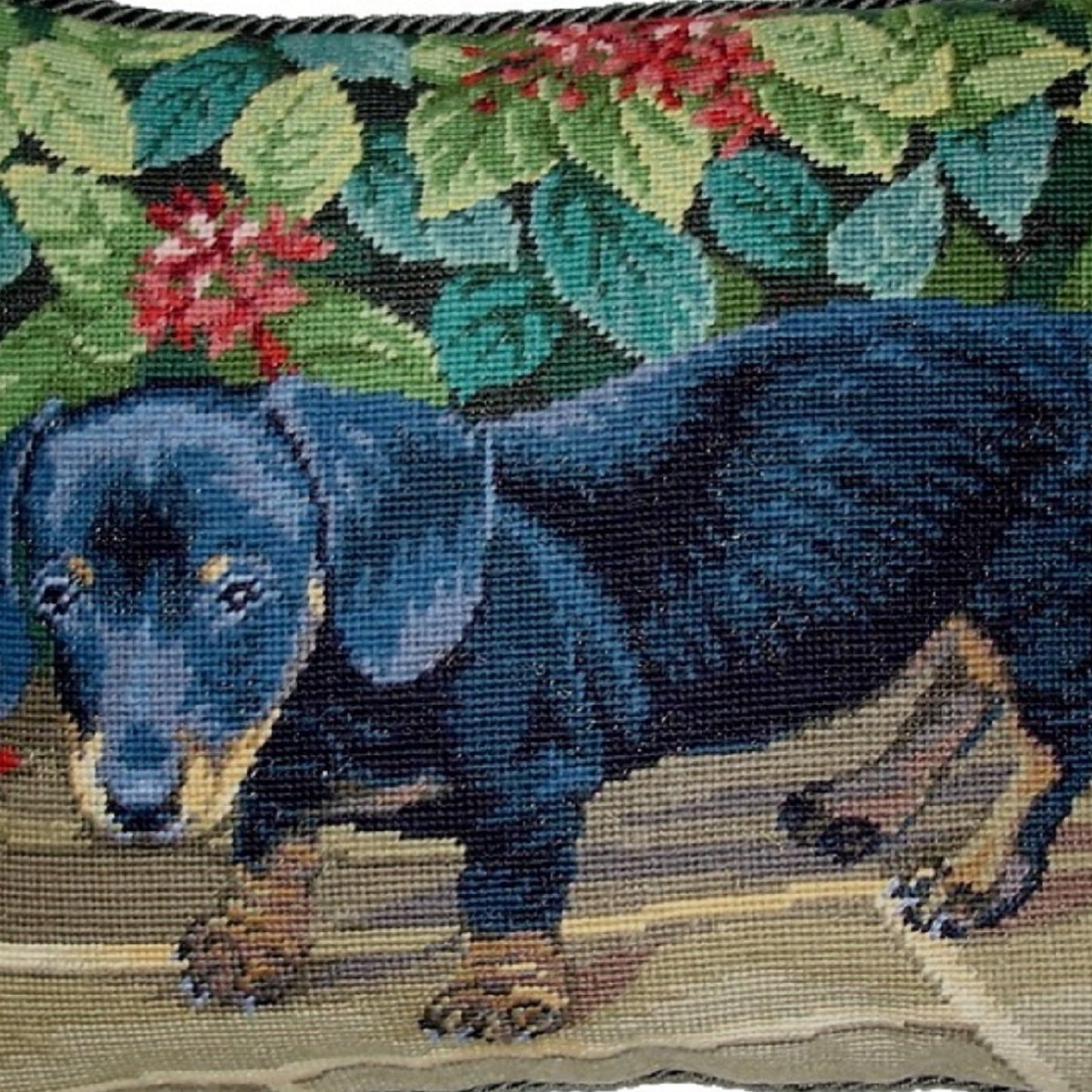 Handmade Wool Needlepoint Pillow Cover - Decorative Throw Cushion Cover - Vintage Floral Embroidery Design black dog green cording