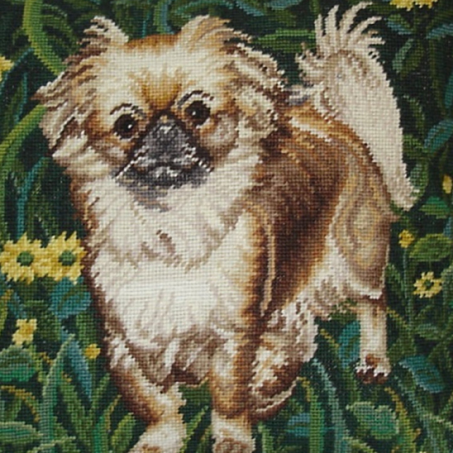 Handmade Wool Needlepoint Pillow Cover - Decorative Throw Cushion Cover - Vintage Floral Embroidery Design white Pekingness green cording