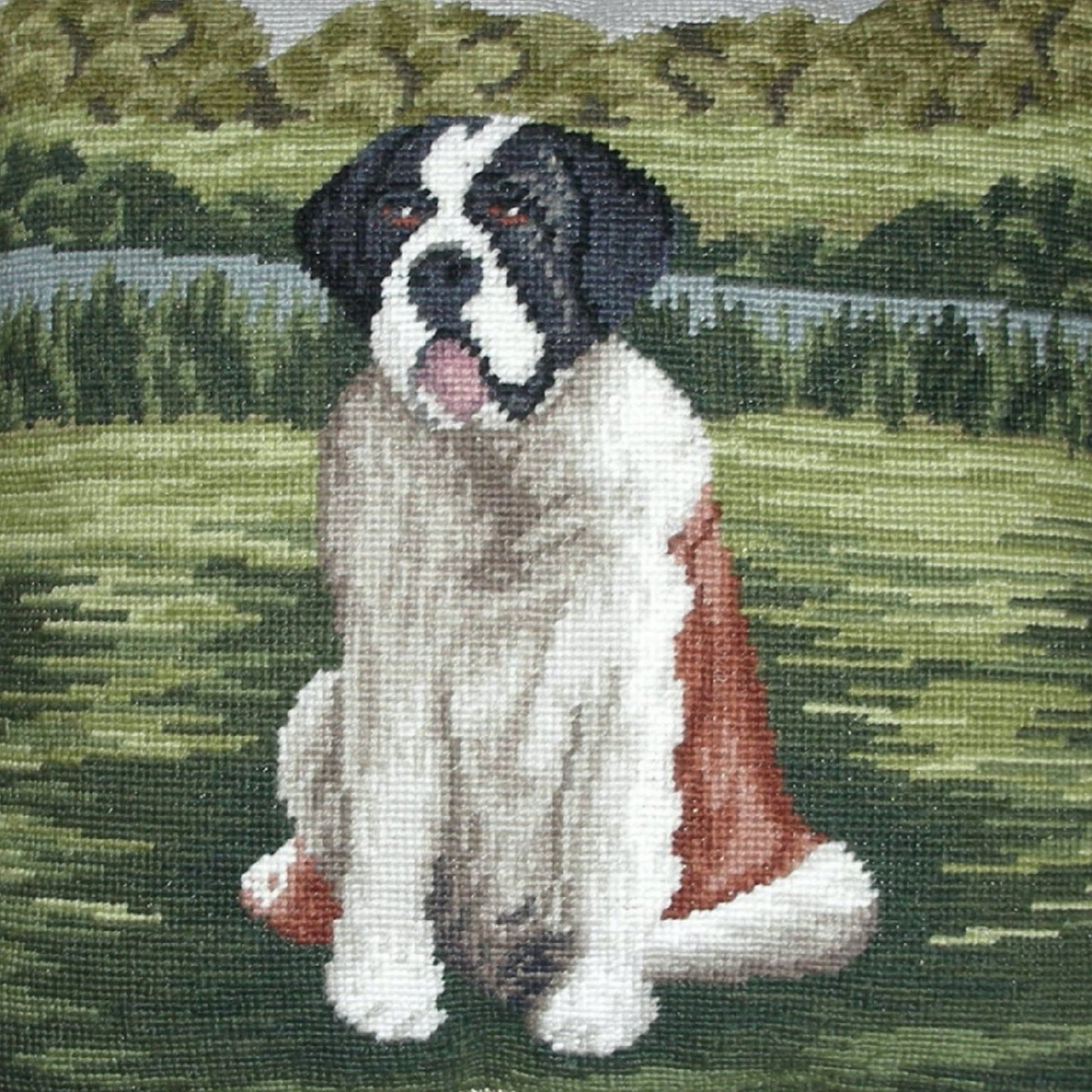 Handmade Wool Needlepoint Pillow Cover - Decorative Throw Cushion Cover - Vintage Floral Embroidery Design St Bernards with tassels