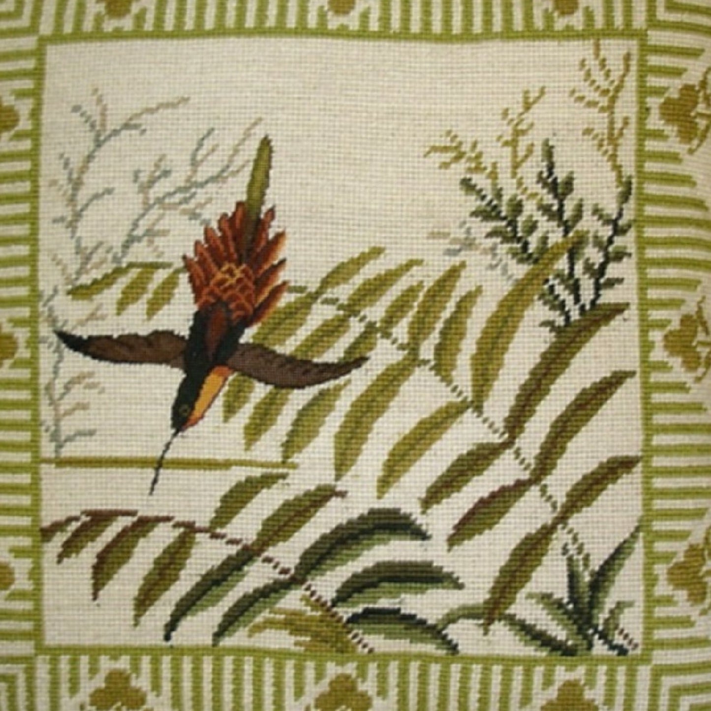 Handmade Wool Needlepoint Pillow Cover - Decorative Throw Cushion Cover - Vintage Floral Embroidery Design 1 bird & ferns)