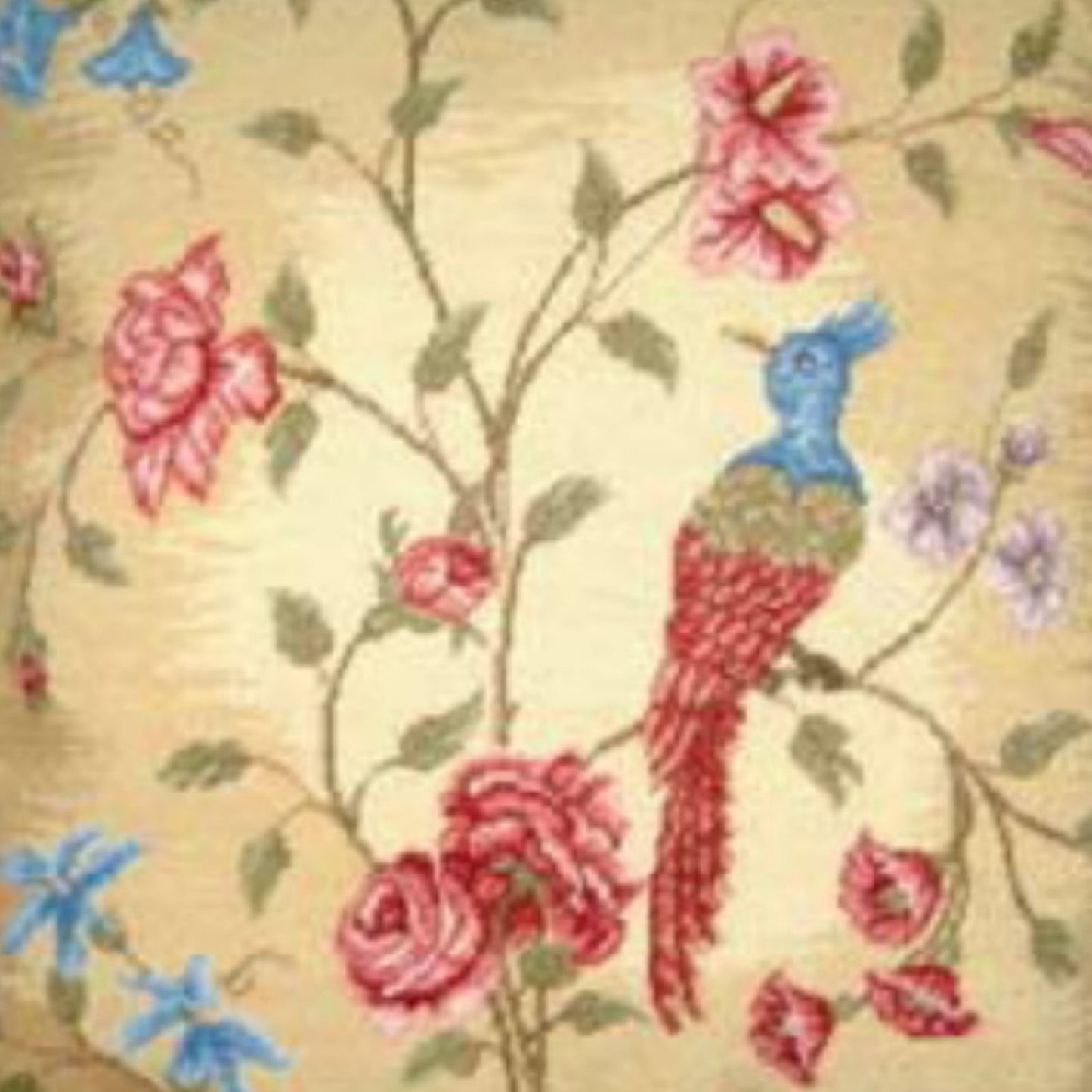 Handmade Wool Needlepoint Pillow Cover - Decorative Throw Cushion Cover - Vintage Floral Embroidery Design  red/blue phoenix & plum in blossom with 3 color tassels